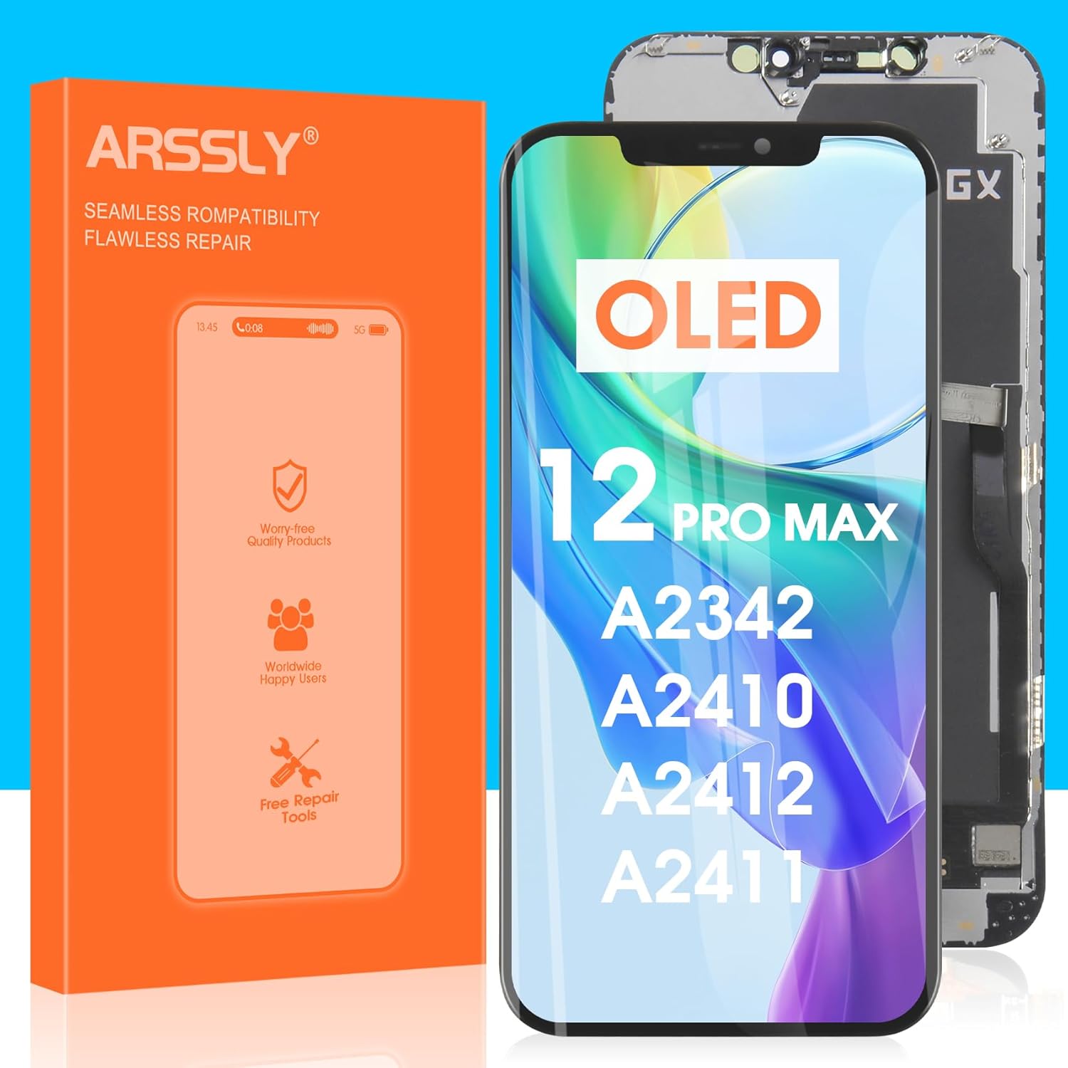 OLED Screen Replacement for iPhone 12 Pro Max,Digitizer LCD Display Touch Screen Full Assembly Repair Tools for A2342,A2410,A2412,A2411(6.5 inch,Soft OLED COF)