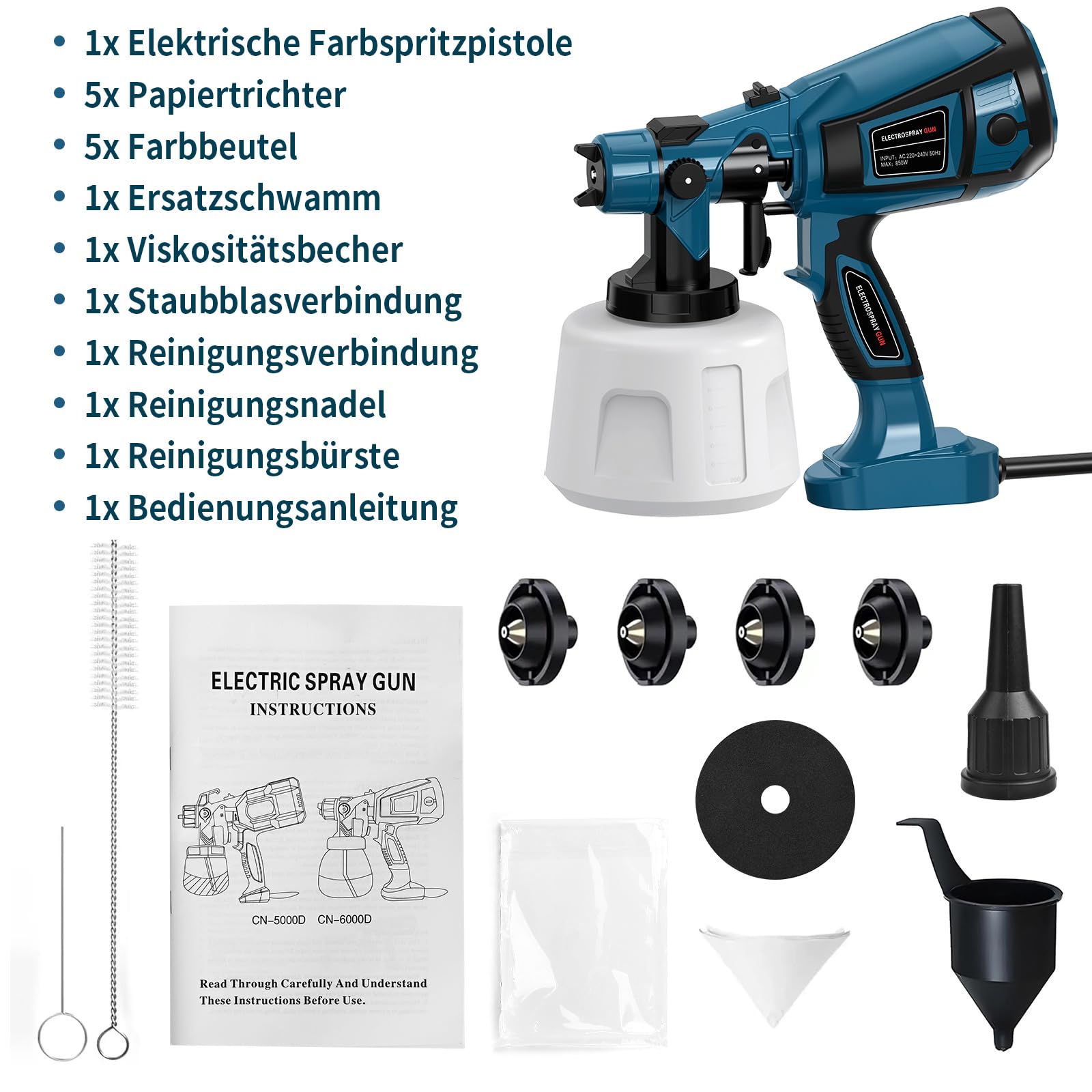 850W Farbsprühsystem, HVLP Lackierpistole Elektrisch mit 4 Düsen und 3 Sprühmuster, 1200 ml/min Einstellbarer Durchfluss mit Reinigungs & Blasanschlüssen, 1400ML Behälter für Zäune, Schränke