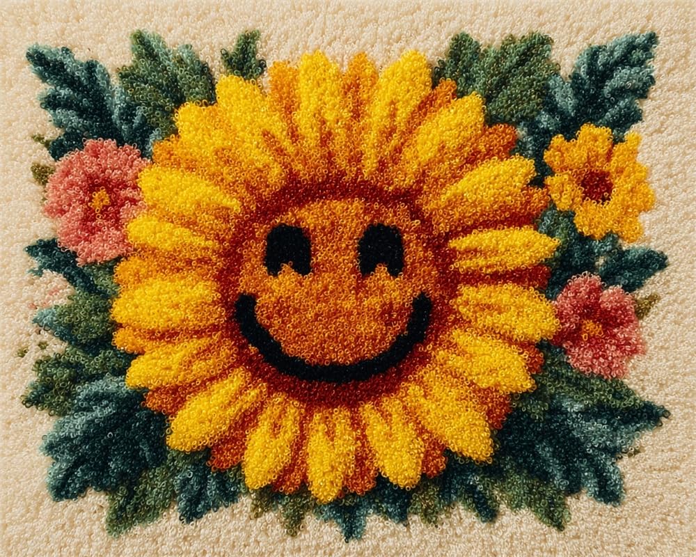 Kitquiver Latch Hook Kits for Adults Rug Smiling Cartoon Sunflower Crafts Crochet Yarn with Pre-Printed DIY Handmade Embroidery Needlework for Home Decoration 21X29In