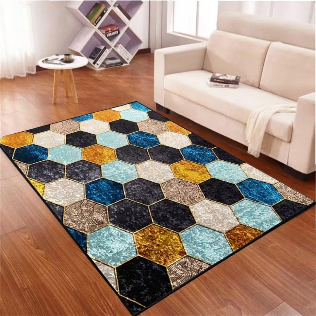 Tapis lavable de salon moderne et antidérapant avec motif hexagonal arc en ciel