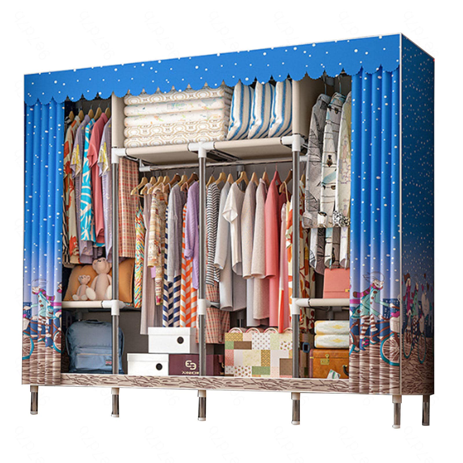 Armoire en toile de rangement avec tringle et compartiments pour vêtement de saison