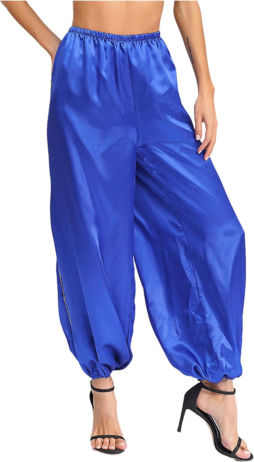 Women's Belly Dance Pants Satin Joggers Pants Lace Trim Arabic Trousers Princess Costume