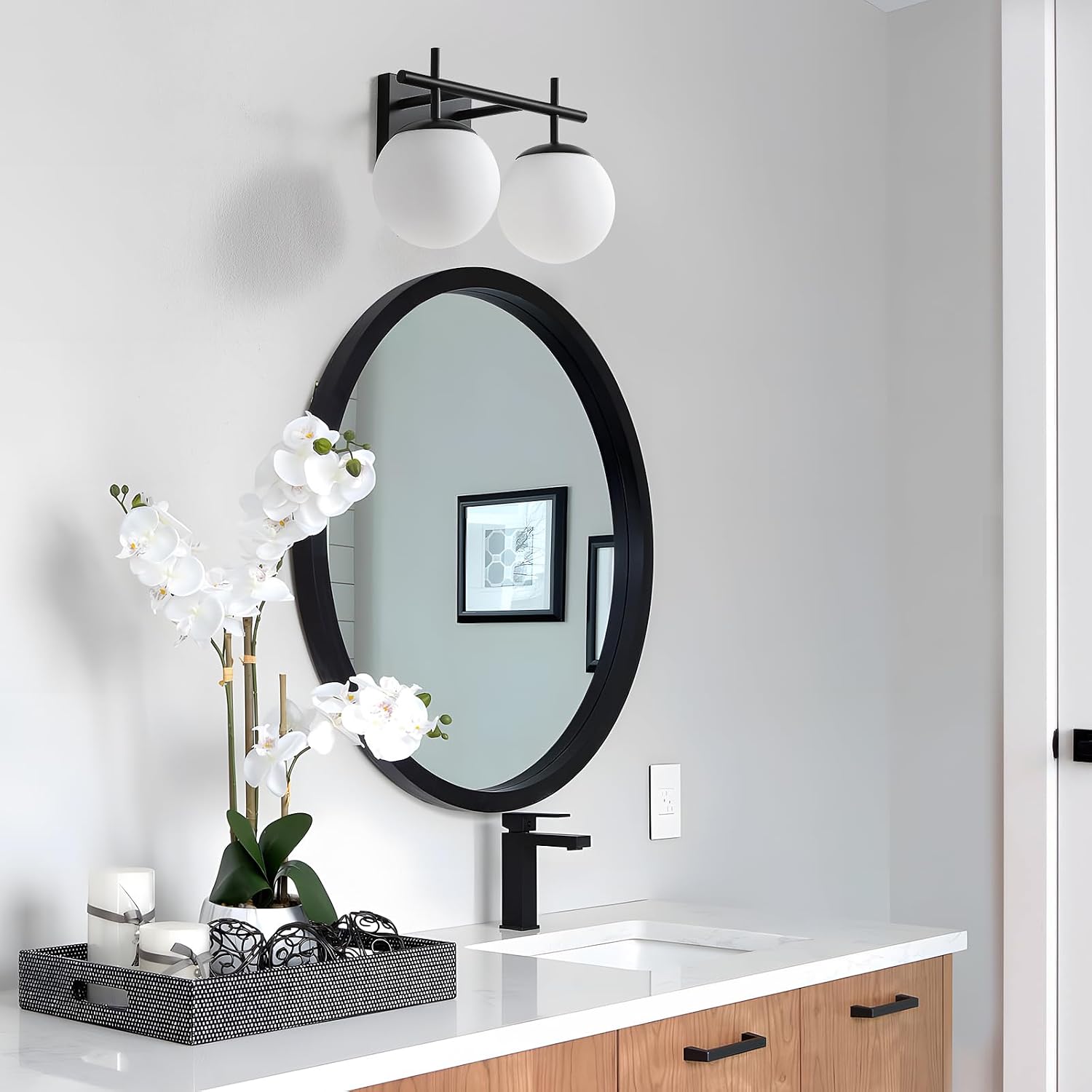 AIJIASI Black Bathroom Light Fixture Over Mirror, 2-Lights Vanity Lights with Milky White Frosted Glass Shade Mid Century Farmhouse Light Fixtures for Bathroom Above Mirror (Exclude E26 Bulb)