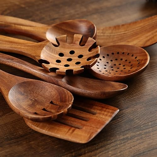 Miniatura 6 de Utensilios de cocina de madera, 8 cucharas de madera de teca natural, espátulas y barril de almacenamiento de madera para sartén antiadherente
