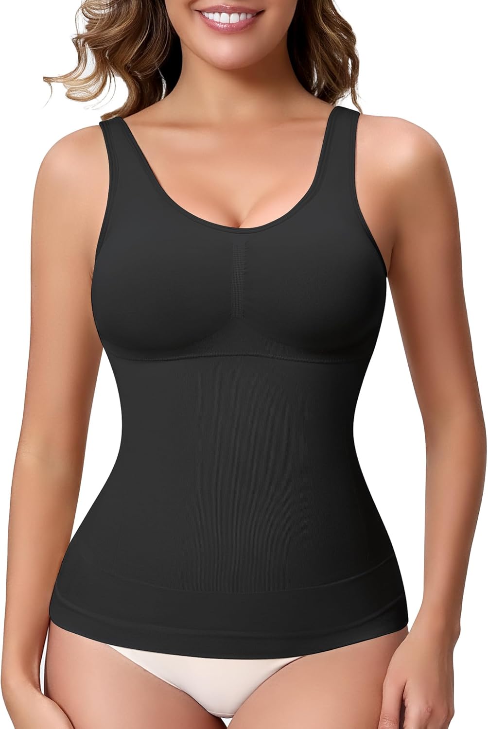 Compression Shapewear Tank Tops for Women, V Neck Halter Tank with Built in Bra, Tummy Control Body Shaper