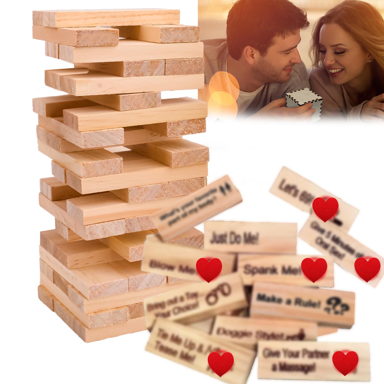 48Pcs Super Naughty Block Tower Game, Blocks Games for Couples, Couples Games for Adults, Valentine Tumbling Tower Stacking Blocks Game with Truth or Dare Questions and Challenges, Wooden Block Gam-e