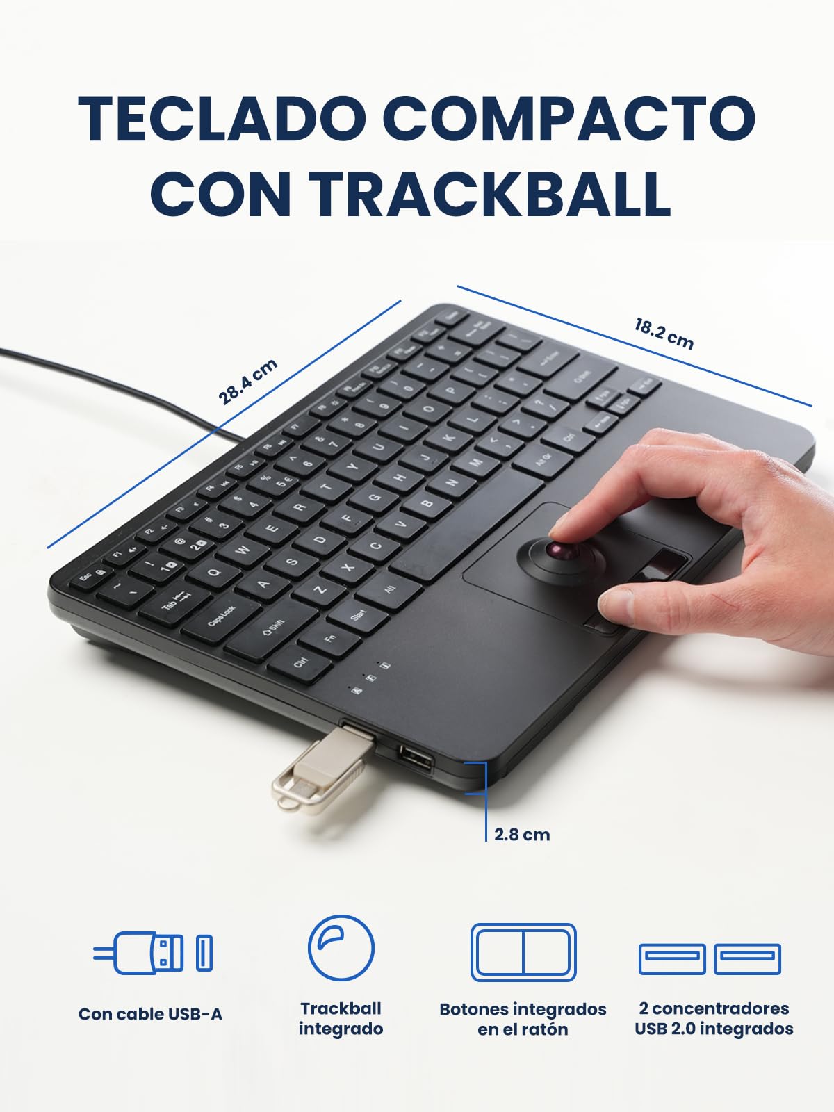 Perixx PERIBOARD-427 ES: Klawiatura USB z kablem - Zintegrowany trackball, białe/czerwone podświetlenie, kompaktowa konstrukcja - 2 porty USB i układ QWERTY hiszpański