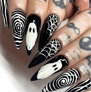 24 Stück Halloween Press on Nails Lang Spitz Schwarz Weiß Streifen Spinnennetz Gespenst Design Vollabdeckung Künstliche Nägel Wiederverwendbar für Frauen