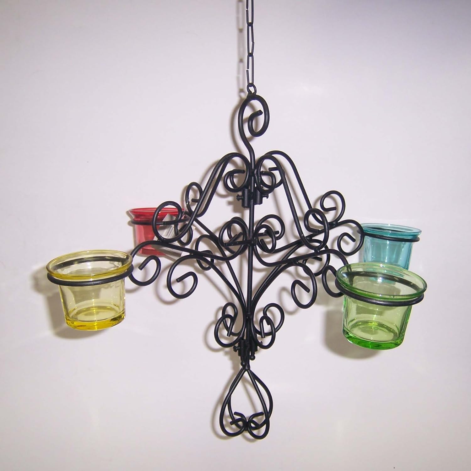 Vintage Style 4 Slot Hanging Iron Candle Holder with Yellow, Red, Blue and Green