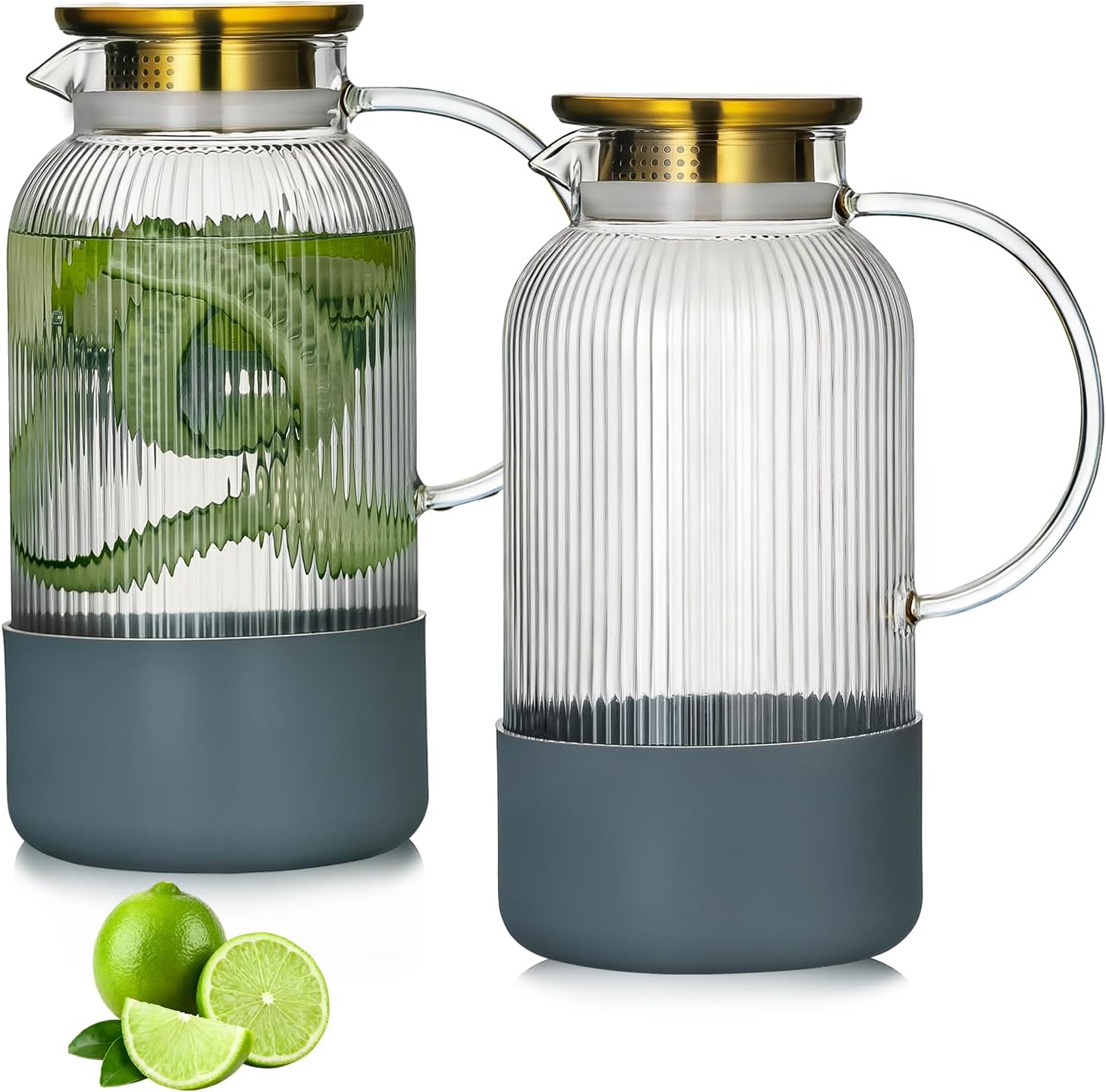 2 PACK Glass Pitcher with Lid, 68 oz/ 2 Liter Classic Vertical Stripes Water Pitcher with Silicone Base, Glass Water Carafe for Cold Brew, Coffee, Lemonade, Iced Sun Tea,Beverage,Heat Resistant