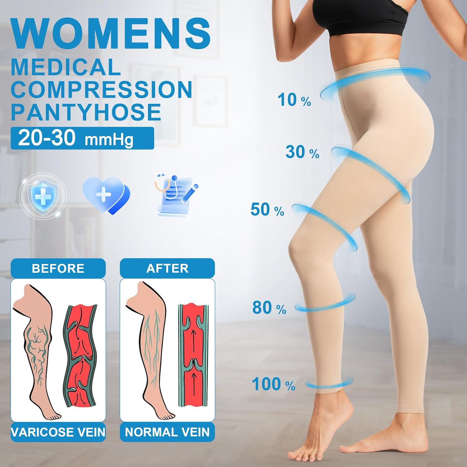Medical Compression Pantyhose for Women & Men,20-30 mmhg Waist High Compression Stockings,Footless Graduated Support Compression Tights for Varicose Veins, Edema - Image 2