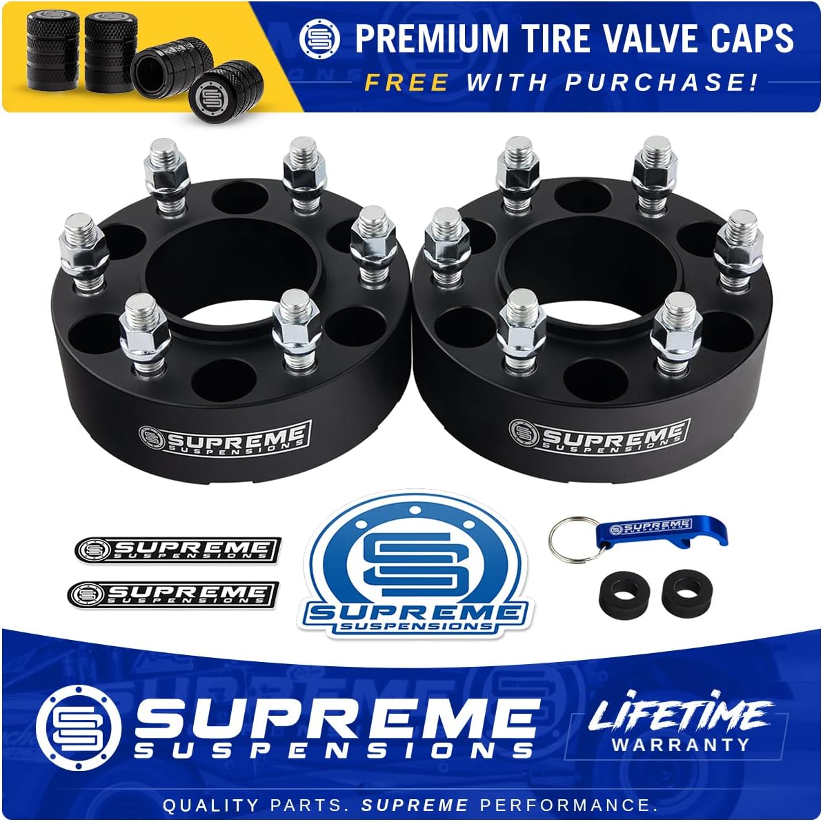 Supreme Suspensions - 2pc Set of 2 Hub Centric Wheel Spacers for 2019-2023 Ford Ranger / 2021-2023 Ford Bronco 6-Lug [BP: 6x139.7mm / CB: 93.1mm / Studs: M12x1.5] - 4 Tire Valve Stem Caps Included