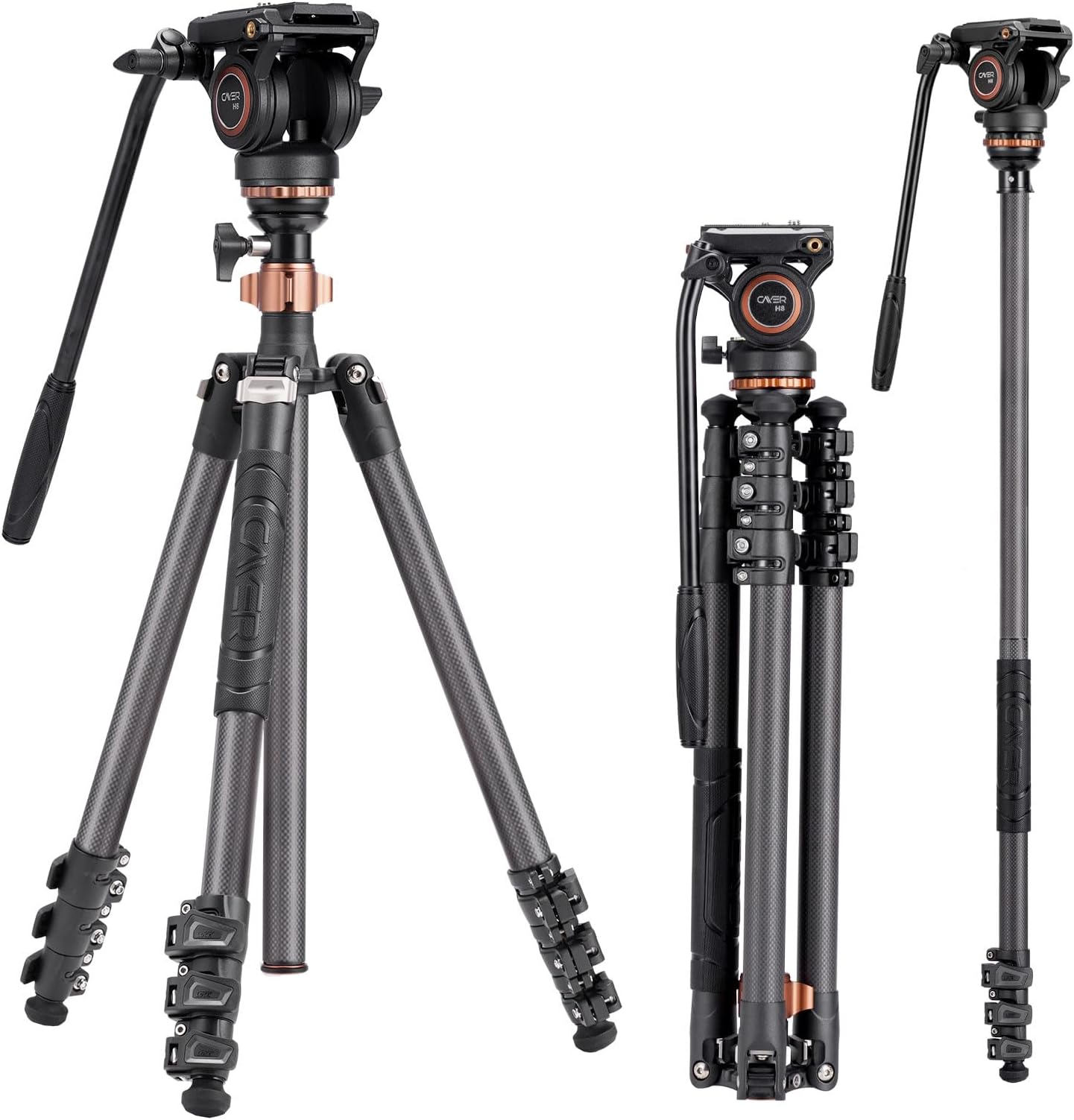 CF2451 67 Inch Carbon Fiber Video Tripod with Fluid Drag Head, Compact 4 Section DSLR Tripod Converts to Monopod for Canon Nikon Sony DSLR Camera