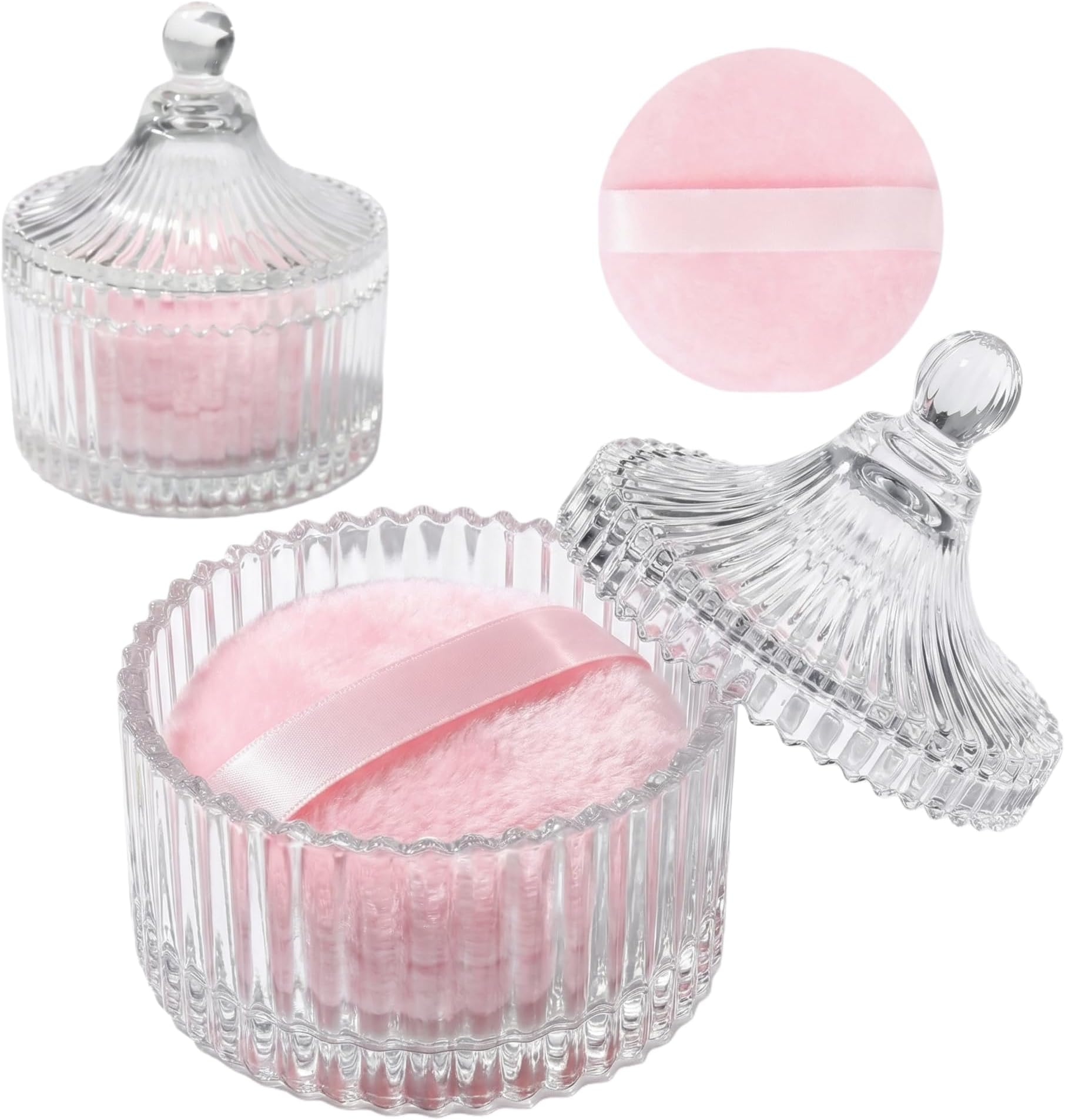 2 Pcs Large Velour Powder Puff Set with Crystal Storage Jar Soft Washable Reusable for Face Body Suitable for Wet Dry Makeup Application (Pink 2)