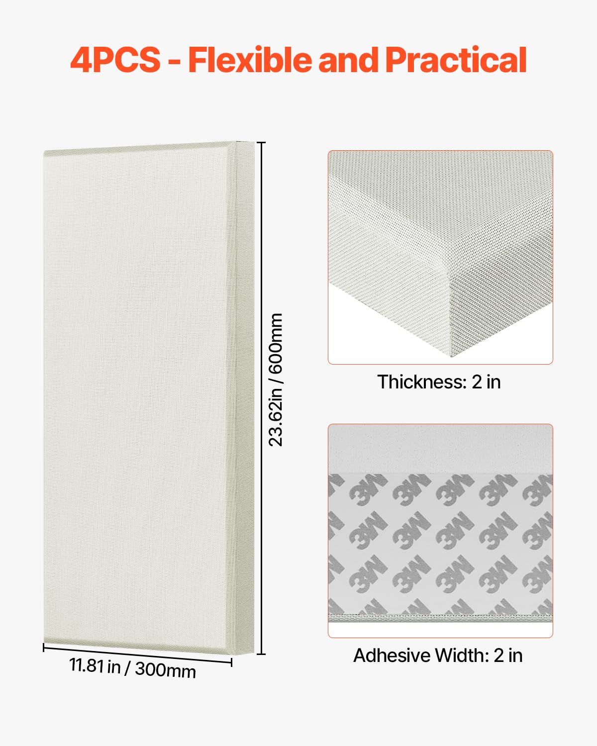 VEVOR Paneles Acústicos de Fibra de Vidrio, Paneles de Absorción de Sonido, Insonorizados Autoadhesivos, para Estudios, Oficinas, Cine en Casa, Salas de Reuniones, Beige, 600 x 300 x 50 mm, 4 uds