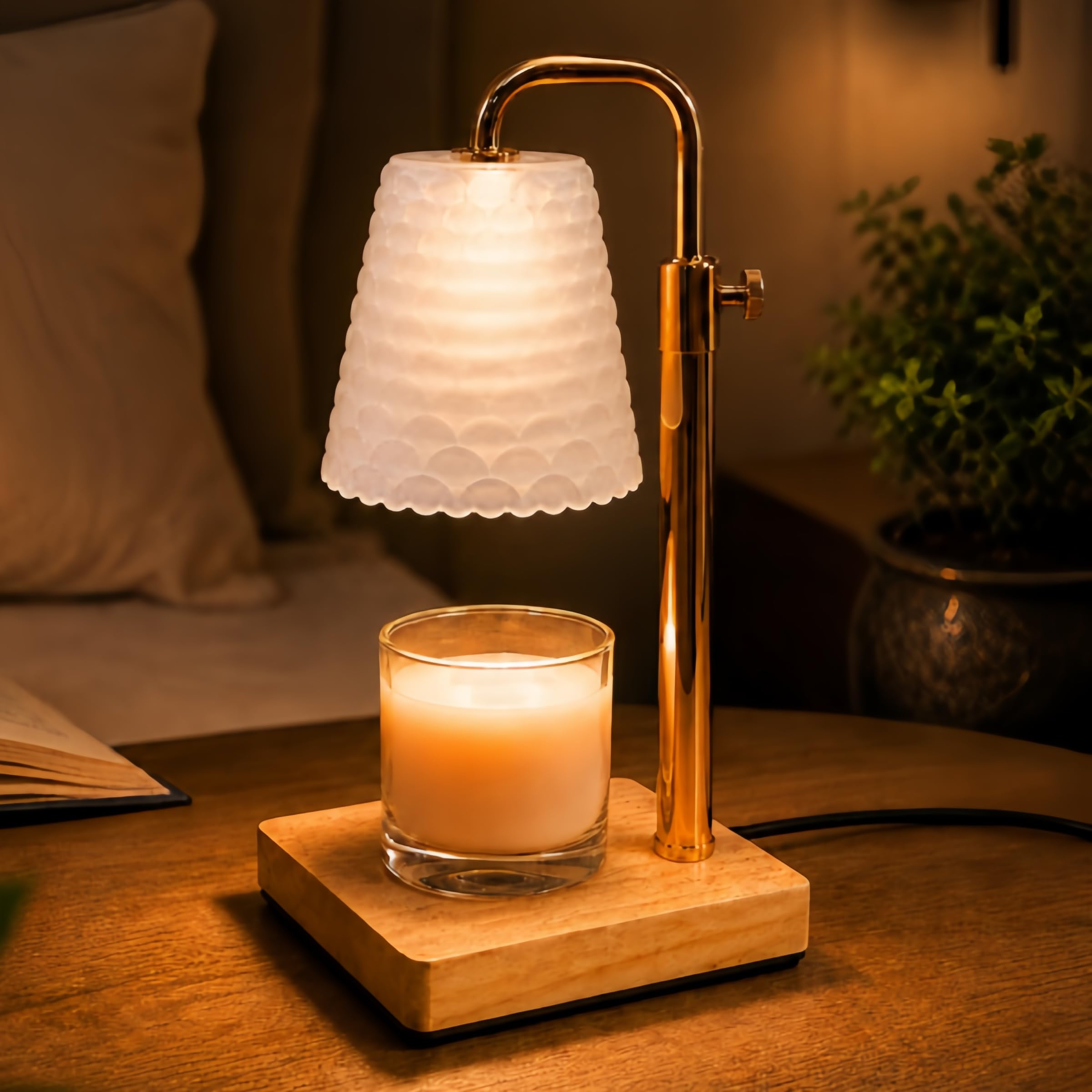 QUIGO Candle Warmer Lamp with Timer Dimmable Adjustable Height Fish Scale Pattern Glass Lampshade Electric Wax Melter for Scented Candles Desk Table Night Light Room Decor Warming Gifts for Women