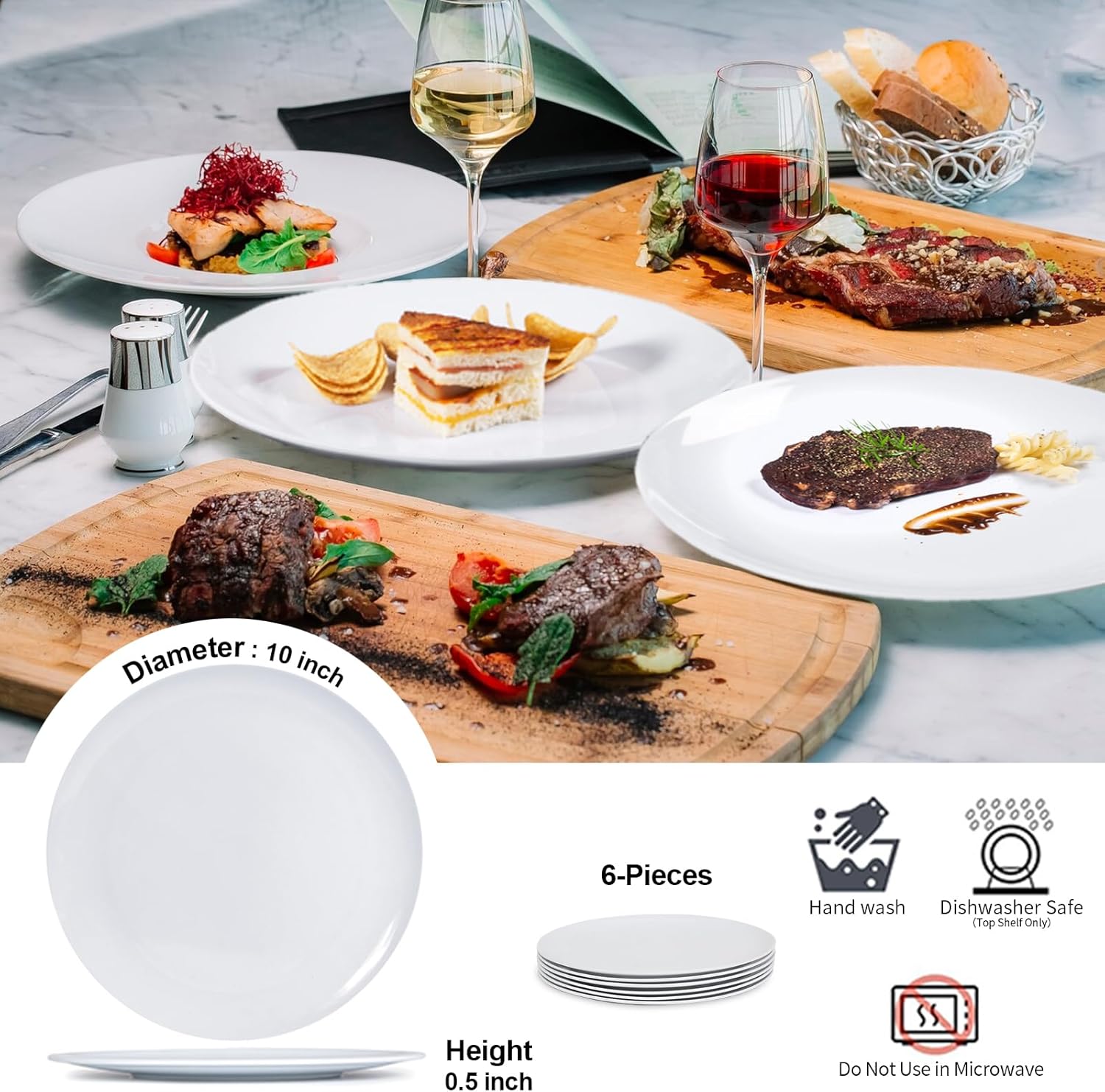 White Meline Dinner Plates, Dishes Set, 10inch Lightweight Round Plastic