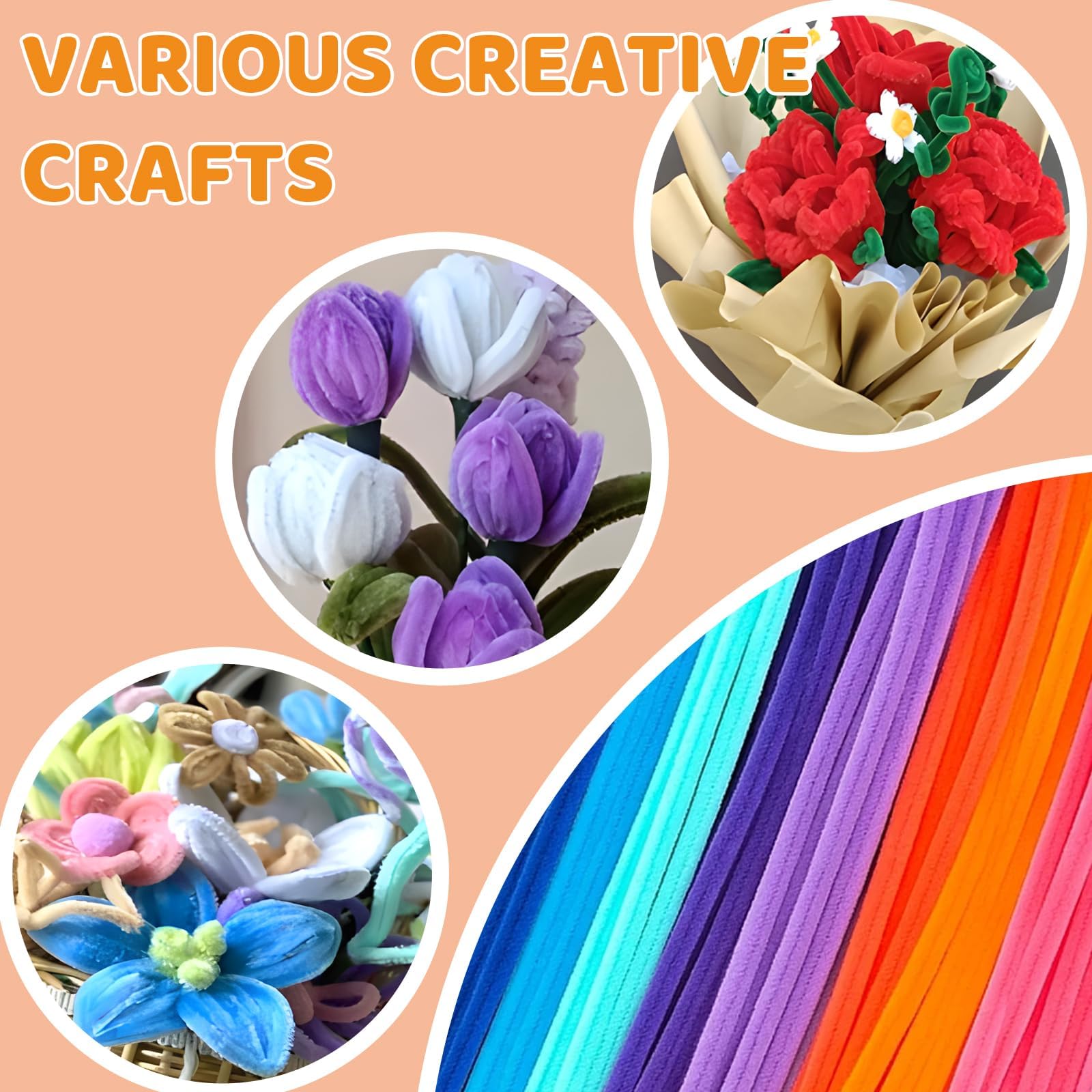 300 PCS 20 Colors Pipe Cleaners for Craft, Pipe Cleaner Flower Bouquet, Craft Pipe Cleaner Set, Valentine's Day Flower Making Supplies, Vibrant Color Craft Stems for Creative Handmade Gifts 3