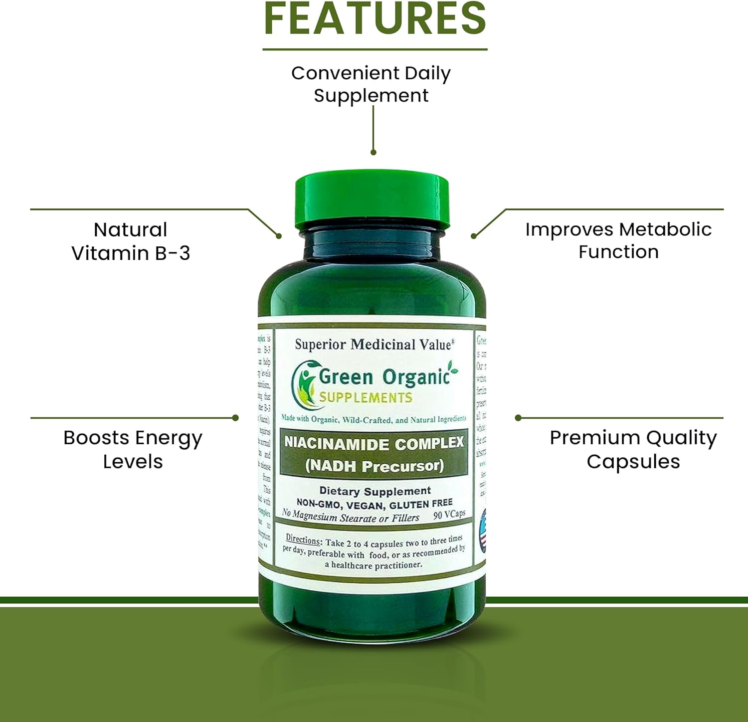 Green Organic Supplements Niacinamide, Niacin, NAD, NADH, High Absorbable, Non-GMO, Gluten-Free (Single)