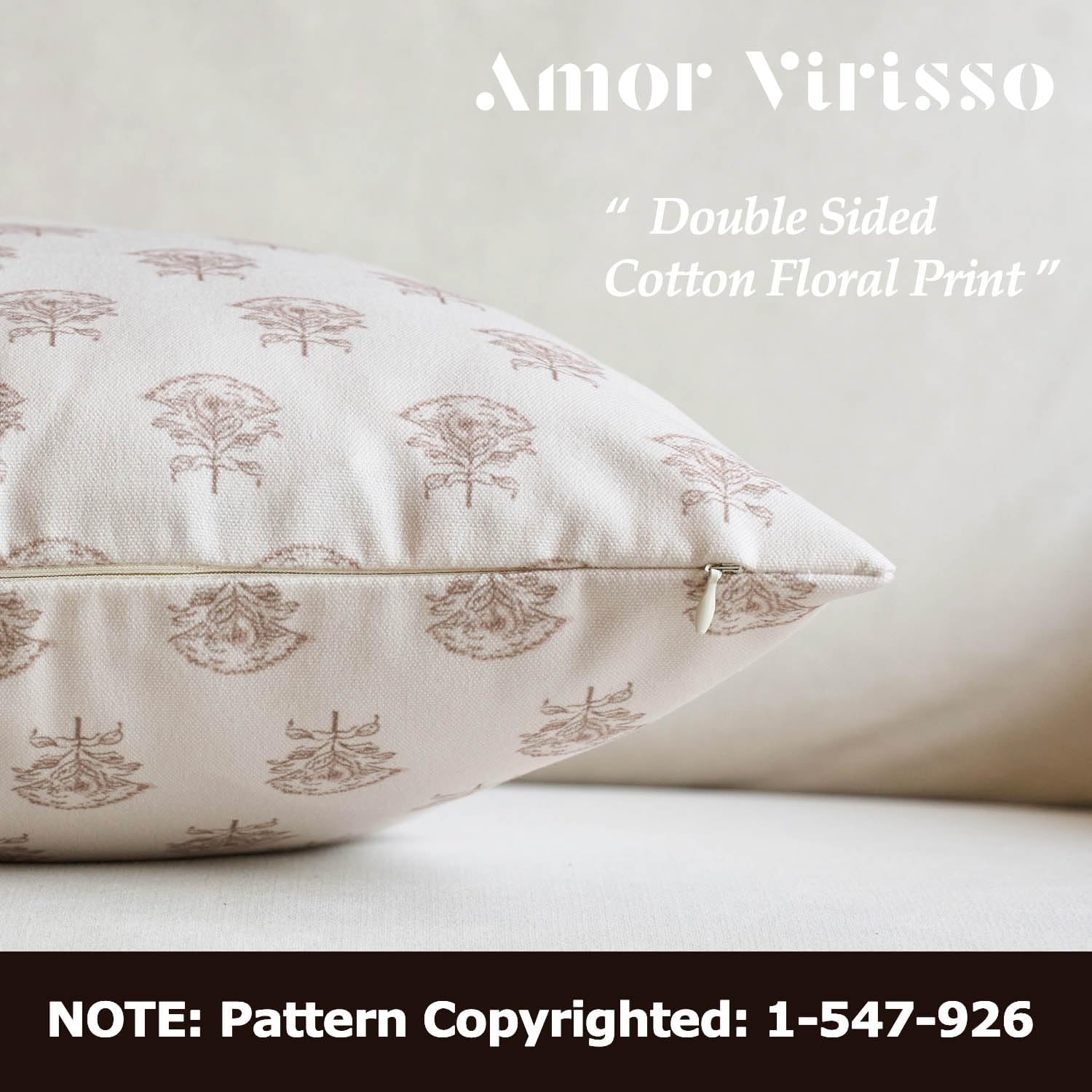 Amor Virisso Set of 2 Floral Throw Pillow Covers 18x18 Inch, Vintage Decorative Block Print Pillow Covers Neutral Accent Farmhouse Pillows Home Decor for Sofa Couch Bed, Light Camel - Image 2