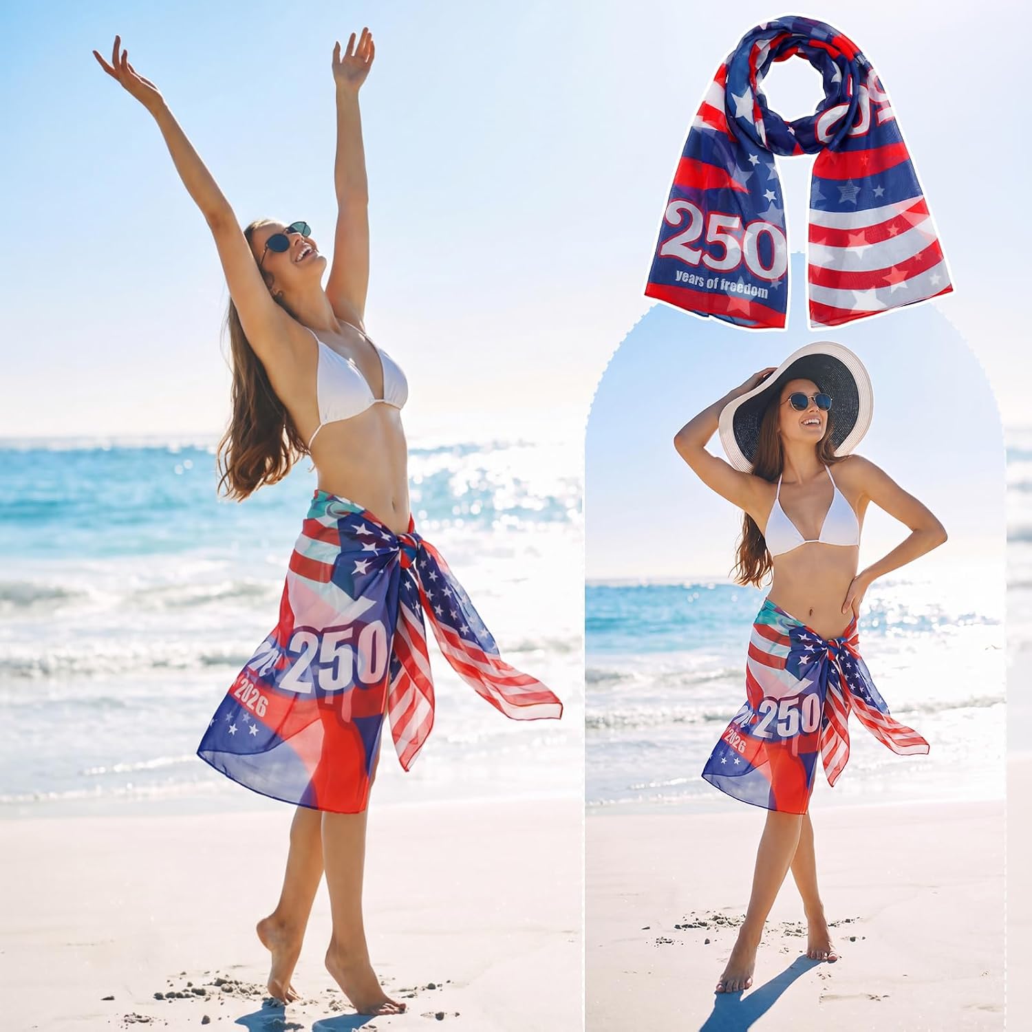Hercicy 4 Pcs 250th Anniversary Patriotic Scarf for Women Men America 1776-2026 USA Red White and Blue 250th Scarves Flag Shawl for 4th of July Independence Day Head Wrap Favor