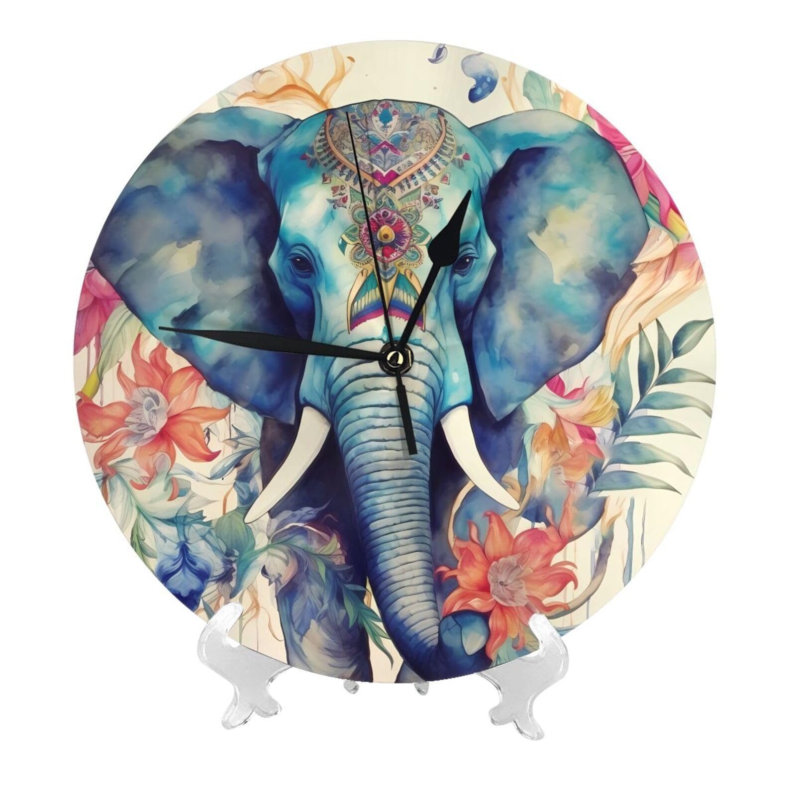 DWVTSLH Peacock Feathers Elephant Wall Clock 10 Inch Silent Non-Ticking Modern Clocks Battery Operated - Decorative Wall Clocks for Bedroom Living Room Kitchen Office Wall Decor Gift Idea
