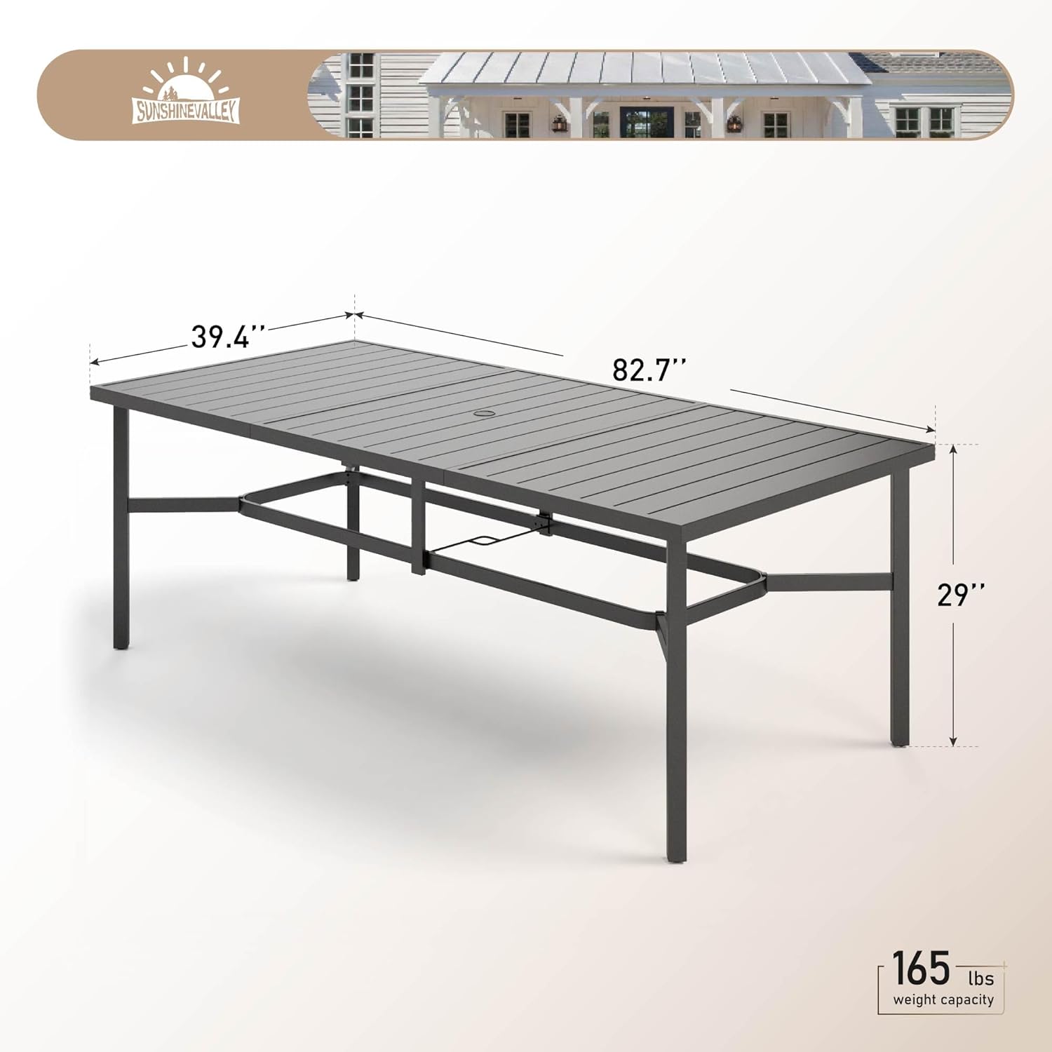 SUNSHINE VALLEY 83" Patio Table for 8,Large Rectangle Patio Dining Table with Umbrella Hole,E-Coating and Powder Coating Steel Frame Metal Outdoor Patio Table for Garden Backyard Lawn Yard