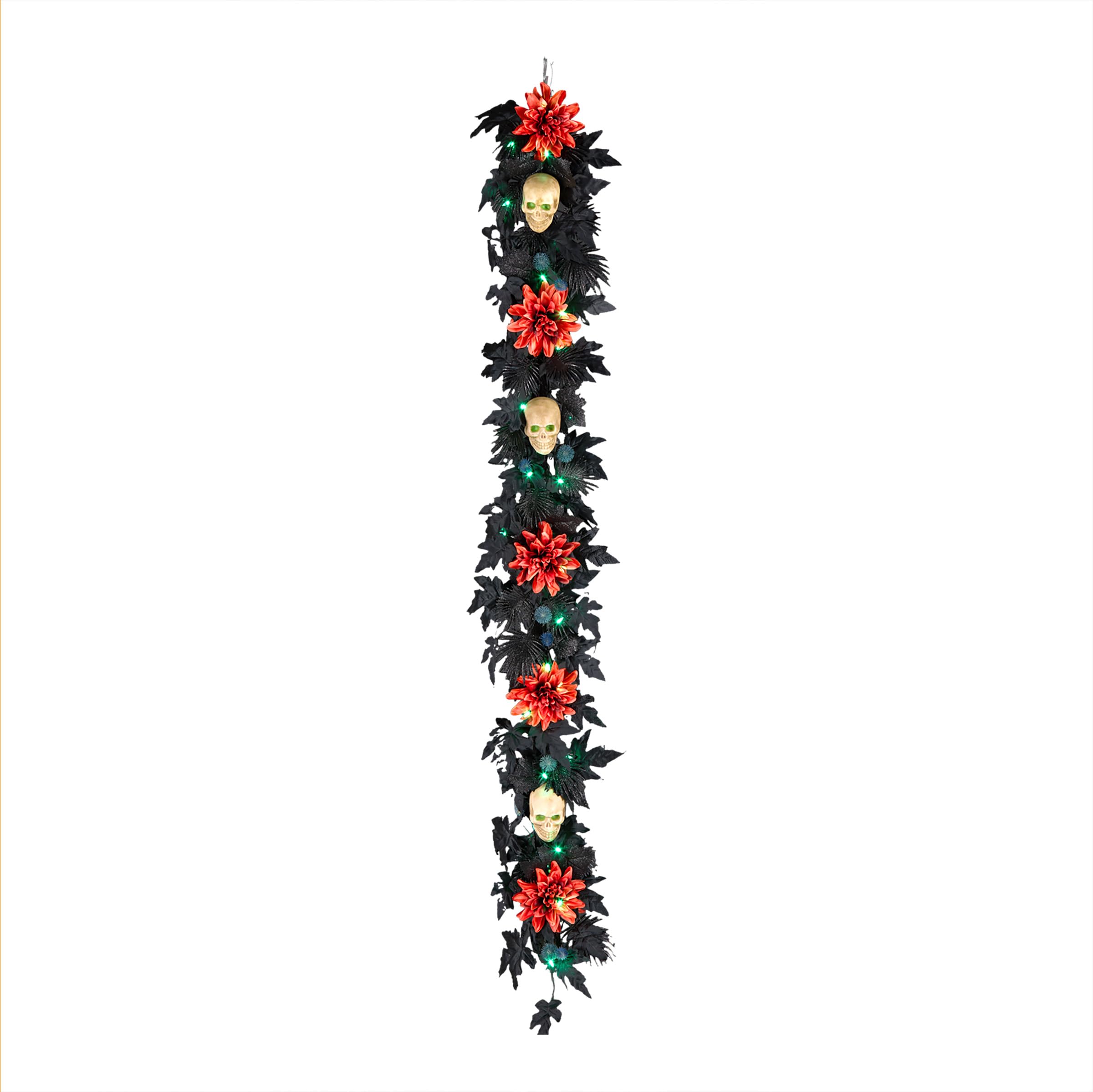 National Tree Company Artificial Halloween Boo-Tiful Garland, Black, Orange Dahlia Flowers, White Skulls, 30 Green LED Lights, Timer, 6 feet