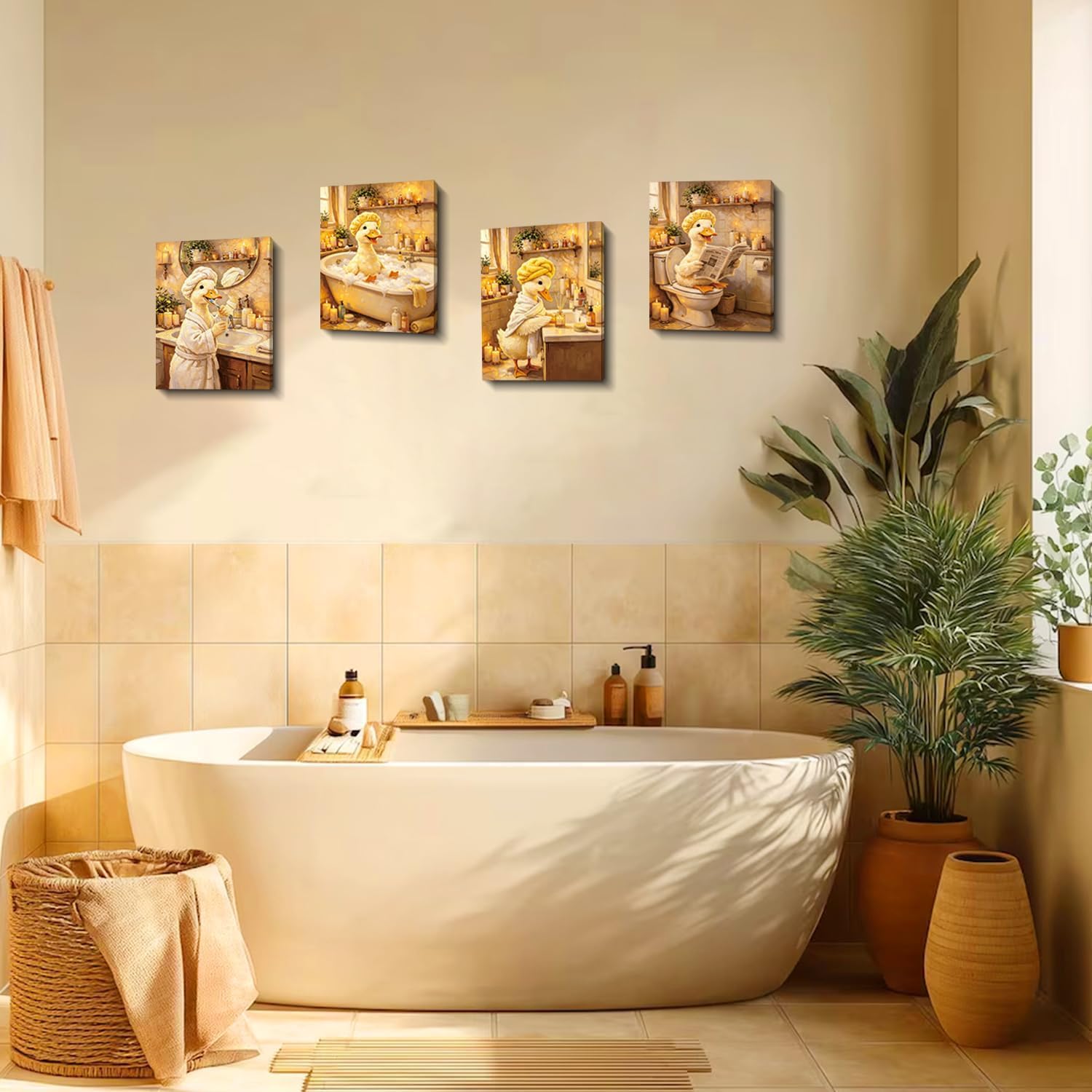 Kids Bathroom Decor Set of 4 Duck Animal Bathroom Wall Decor Pictures,Framed Funny Duck Brushing Teeth Reading Newspaper Spa Canvas Poster for Kids Toddler Boys Girls Toilet Washroom Decor 8X10,