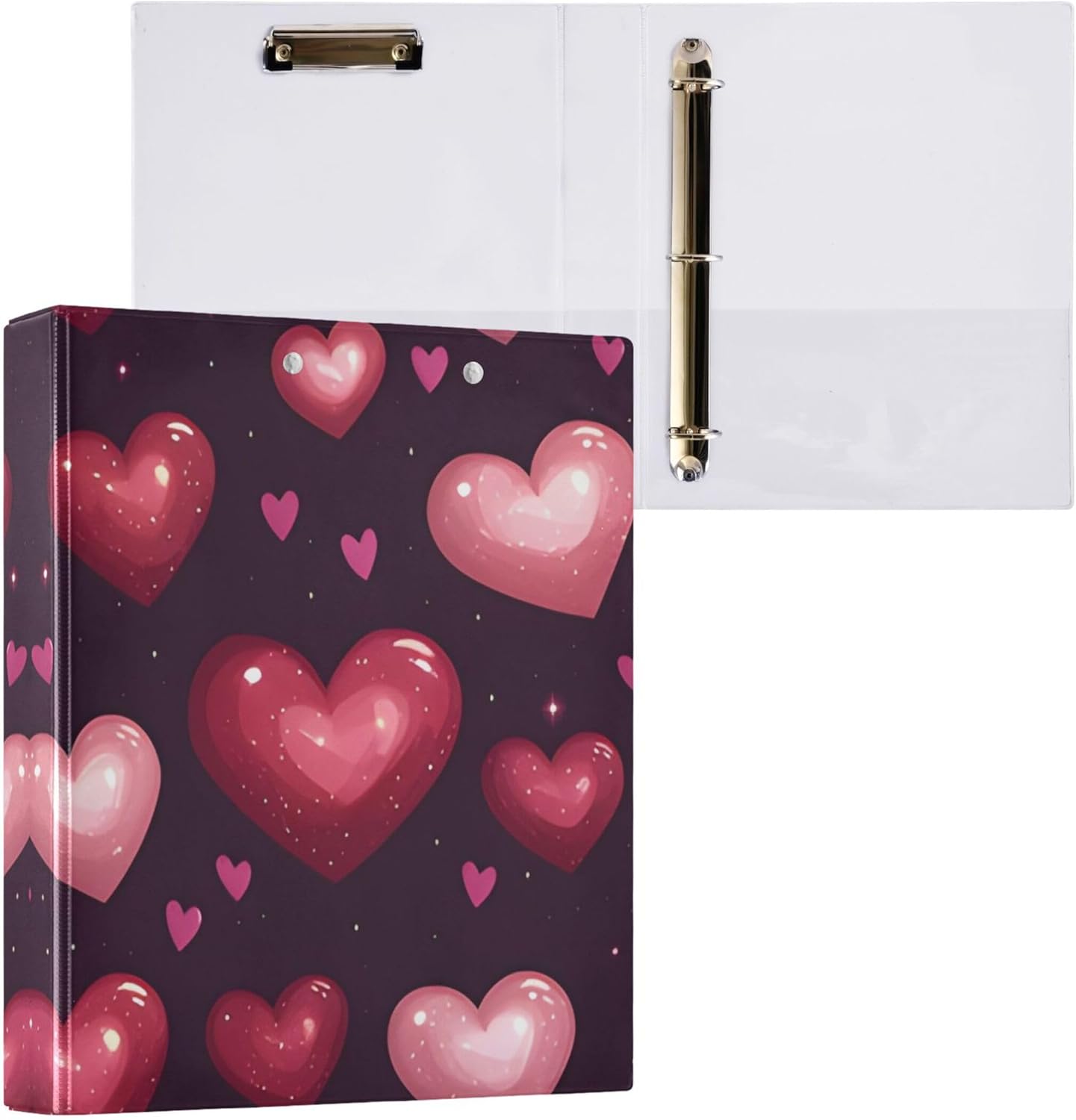 Valentine's Day Hearts 3 Ring Binders, 1.5” Round Ring Binders with Clipboard - Letter Size, 3 Interior PVC Clear Pockets & Anti-Slip Clip for Office School Supplies, 2PCS