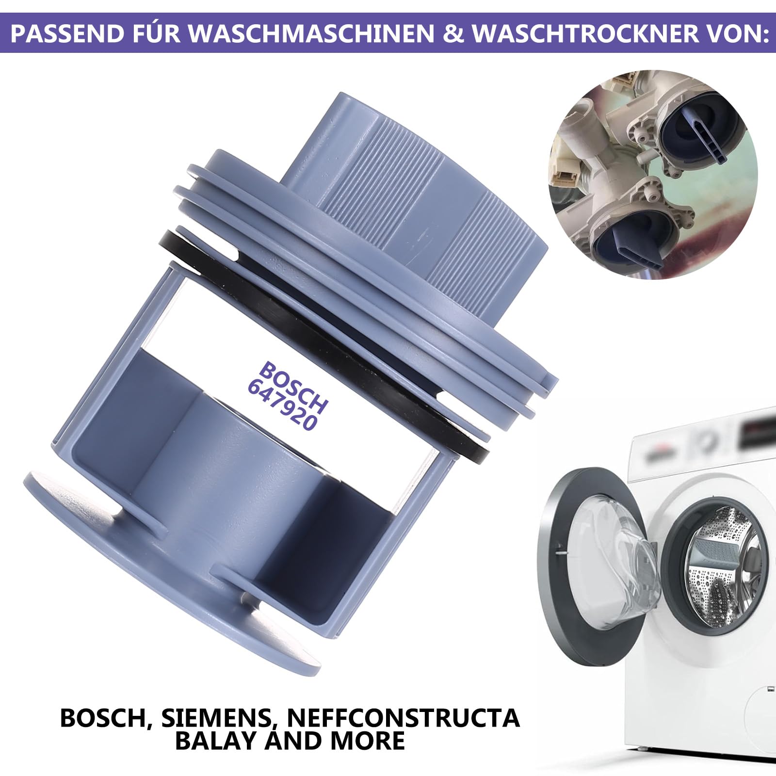 Flusensieb Kompatybilny z Bosch Neff Constructa Balay Pralko-suszarka, Wymienny Filt Pompa Ø 64 mm Niebieski POM z Uszczelką