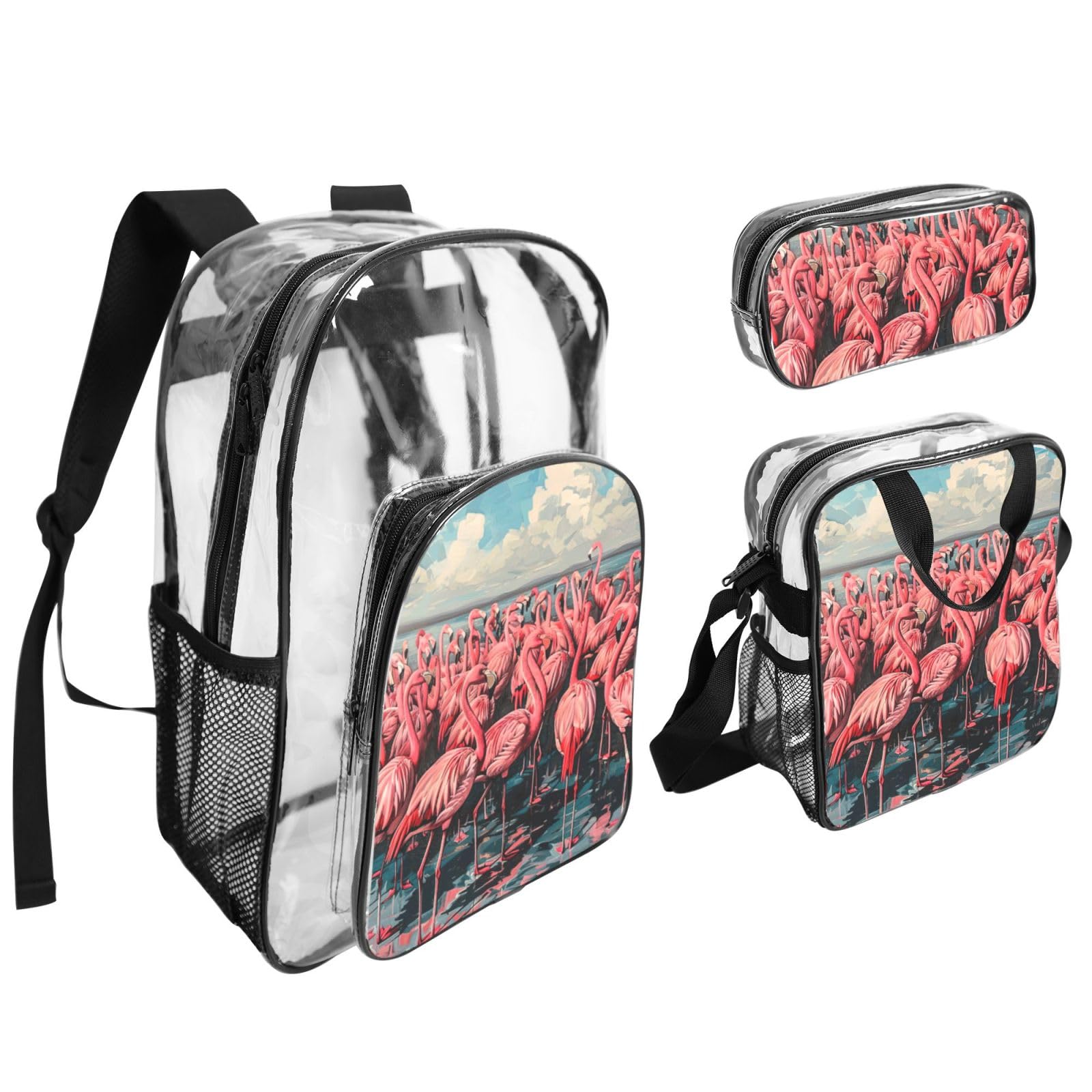 Flamingo Print 3-częściowy przezroczysty plecak zestaw do podróży na świeżym powietrzu przygody wakacje przezroczysta torba