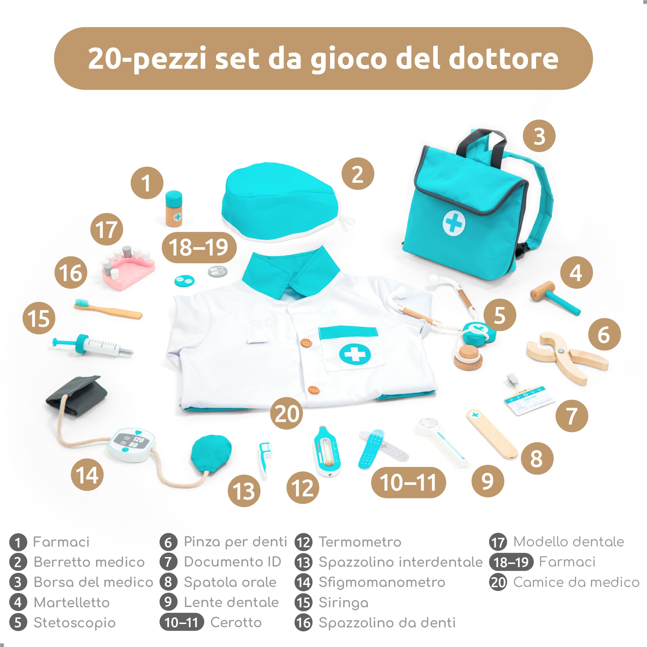 umu Kit medico in legno per bambini – Set di gioco di finta con stetoscopio, cappotto dottore, strumenti dentisti e altro – Gioco di ruolo giocattolo medico per ragazzi e ragazze di età compresa tra 3