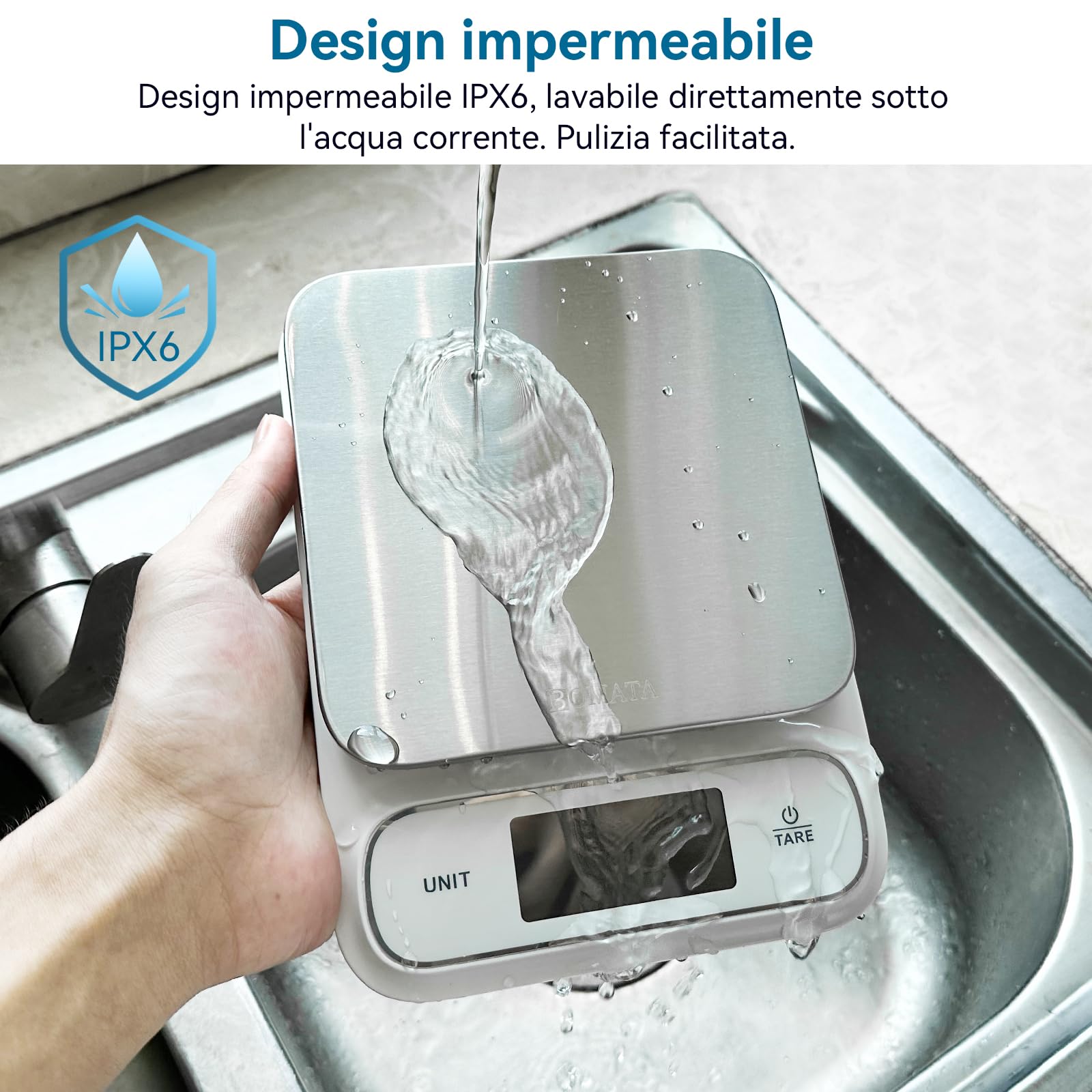 BOMATA bilancia da cucina impermeabile IPX6, alta precisione di 0,1g, con display digitale retroilluminato, piattaforma di pesatura in acciaio inox, alimenti, cucina, pasticceria, ecc. B619 Bianco