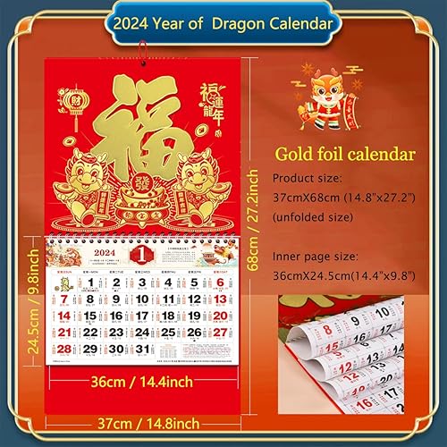 Vista 19 de Calendario colgante chino 2024, calendario de pared del año del dragón, calendario lunar chino 2024 mensual para decoración de año nuevo chino