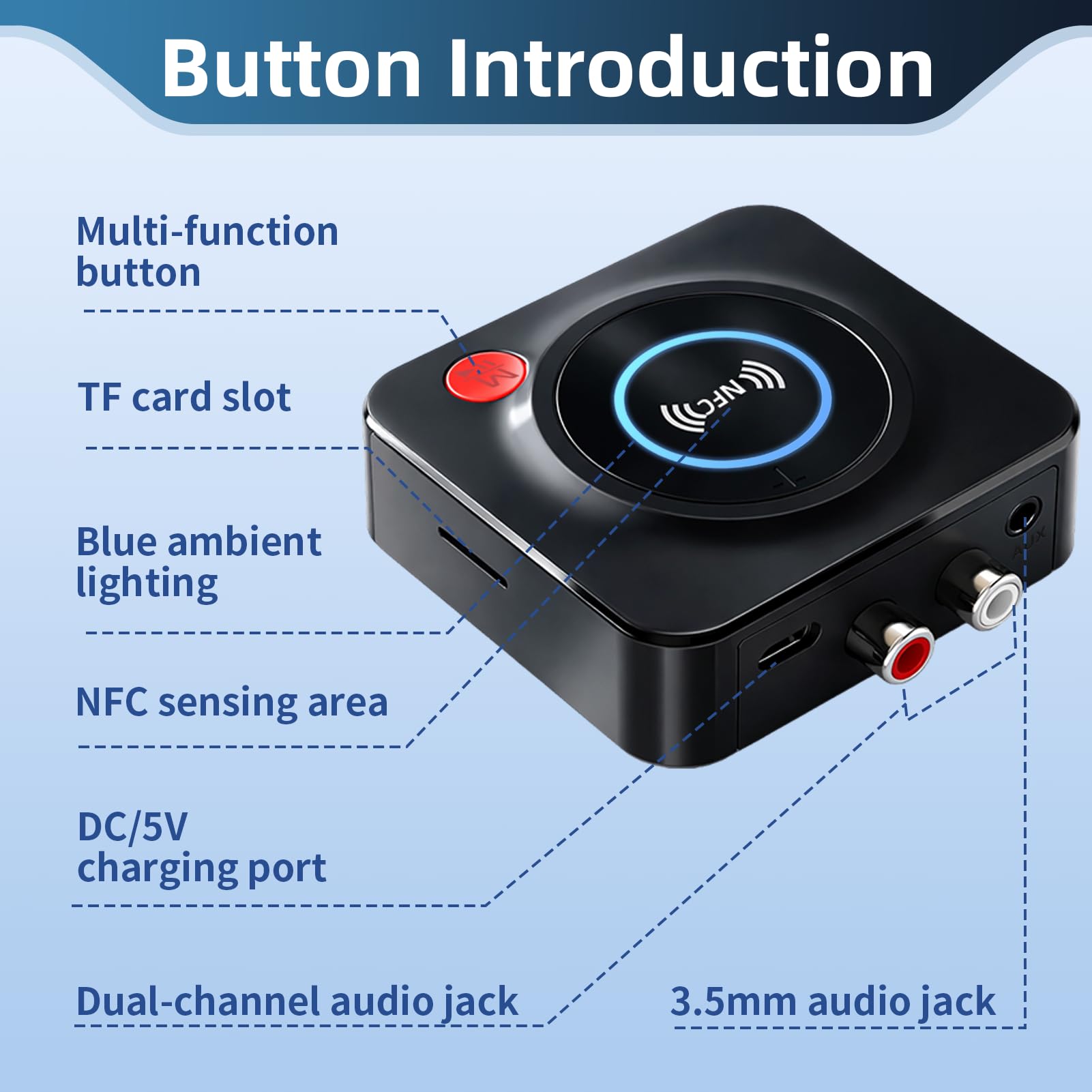Receptor Bluetooth 5.1 HiFi con Salida AUX 3.5mm/RCA, Adaptador de Audio Inalámbrico con Modo de Graves, Conexión Dual para Estéreo, Altavoces y Amplificadores, Música Inalámbrica — view 3
