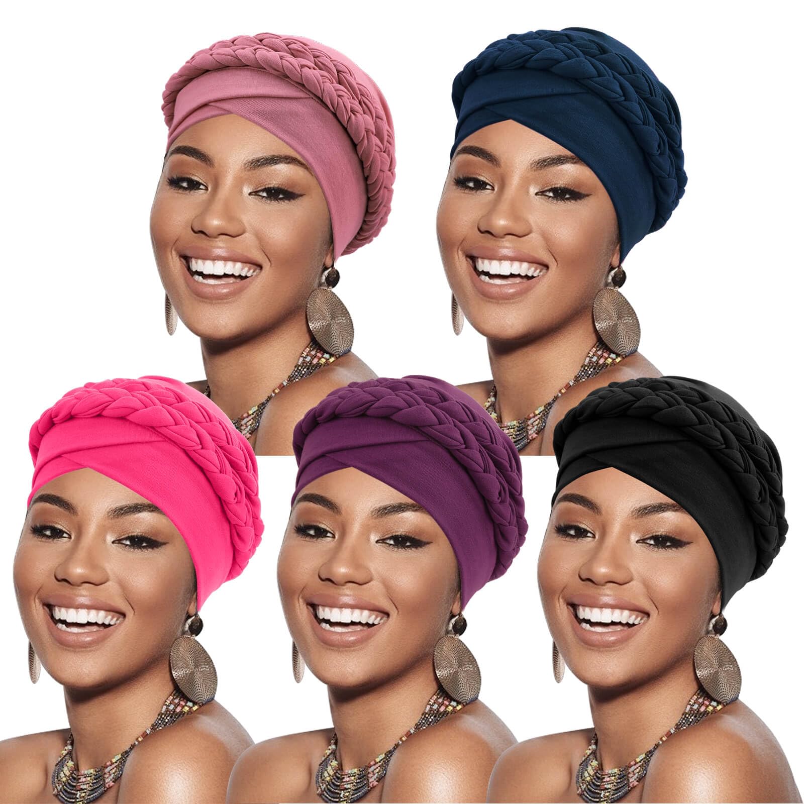 DRESHOW African Women Turban Caps Beanie Twist Headscarf Pre-Tied Double Twisted Braids Headwraps for Women Chemo Cancer Cap