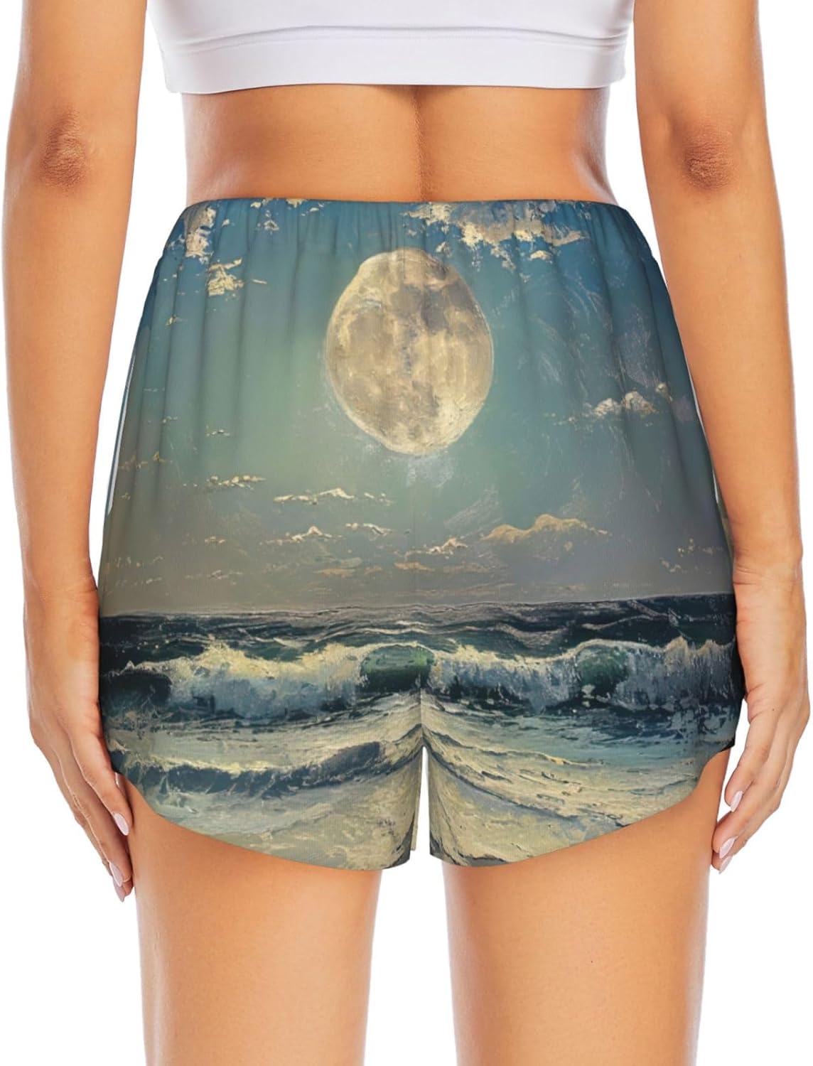 Moon and Sea Print Women's Running Shorts,Athletic Shorts with Elastic Pockets,for Yoga,Jogging and Fitness