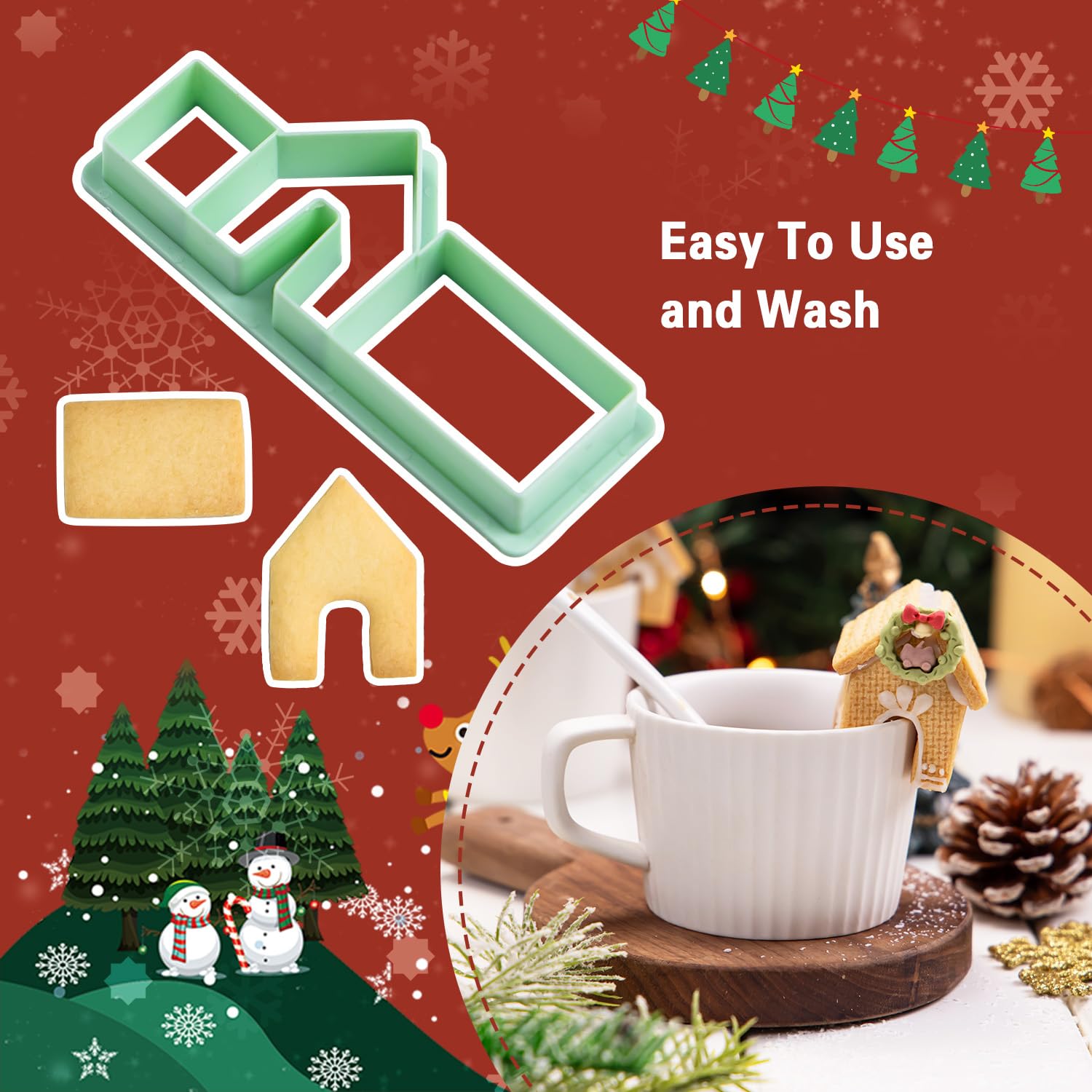 KALAIEN Cortadores de galletas de casa de jengibre, mini taza de Navidad 3D, cortador de galletas de jengibre para hornear, 1 kit de casa de jengibre