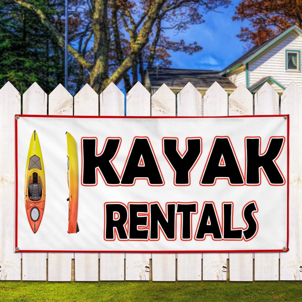 Vinyl Banner Sign Kayak Rentals White Black Yellow Business Marketing Advertising White - 24inx48in, 4 Grommets, Set of 5