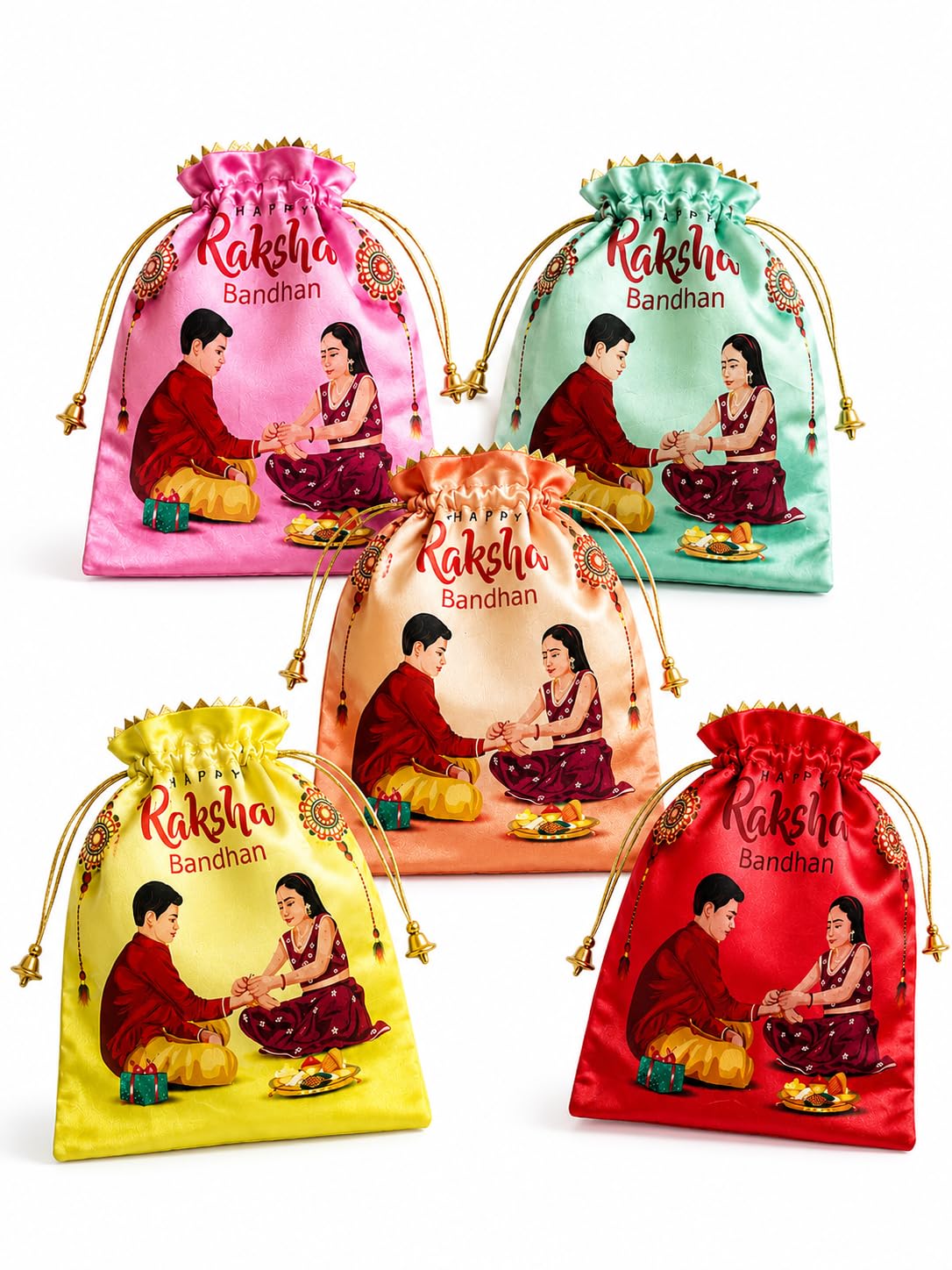 Set of 5 Raksha Bandhan Printed Satin Potli Bags for Rakhi Gifting | Multicolor Return Gift Pouch with Drawstring & Bells | Shagun Gift for Sisters-image-30