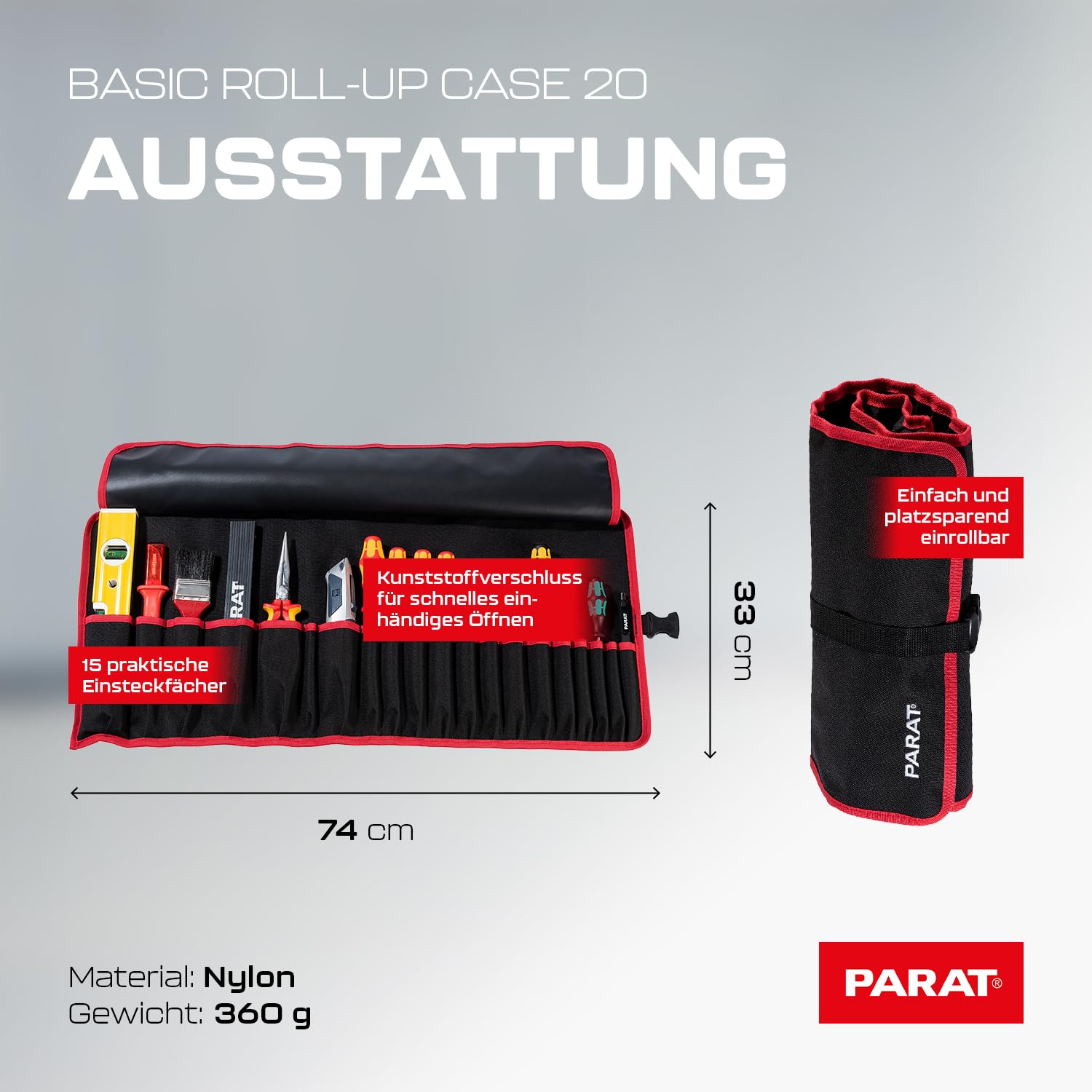 PARAT BASIC Roll-Up Case 20 | zwijana torba na 20 narzędzi z nylonu | kompaktowa torba na narzędzia z zamknięciem wtykowym | pusta rolka na narzędzia dla rzemieślników | torba na narzędzia premium