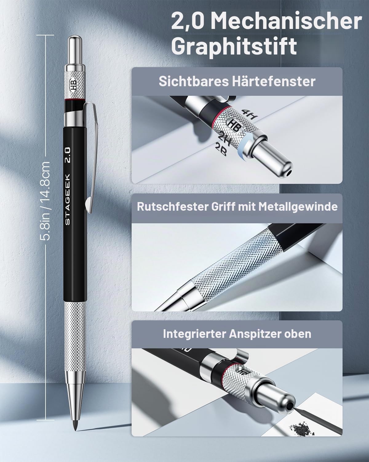 STAGEEK Druckbleistifte Set, 6 Stück Minenbleistift 0,3 0,5 0,7 0,9 2,0mm,metall mechanischer bleistift mit 492 Minen (6B, 4B, 2B, HB, 2H, 4H, Farbe),schreibwaren, für Künstler, Skizzieren, Zeichnen