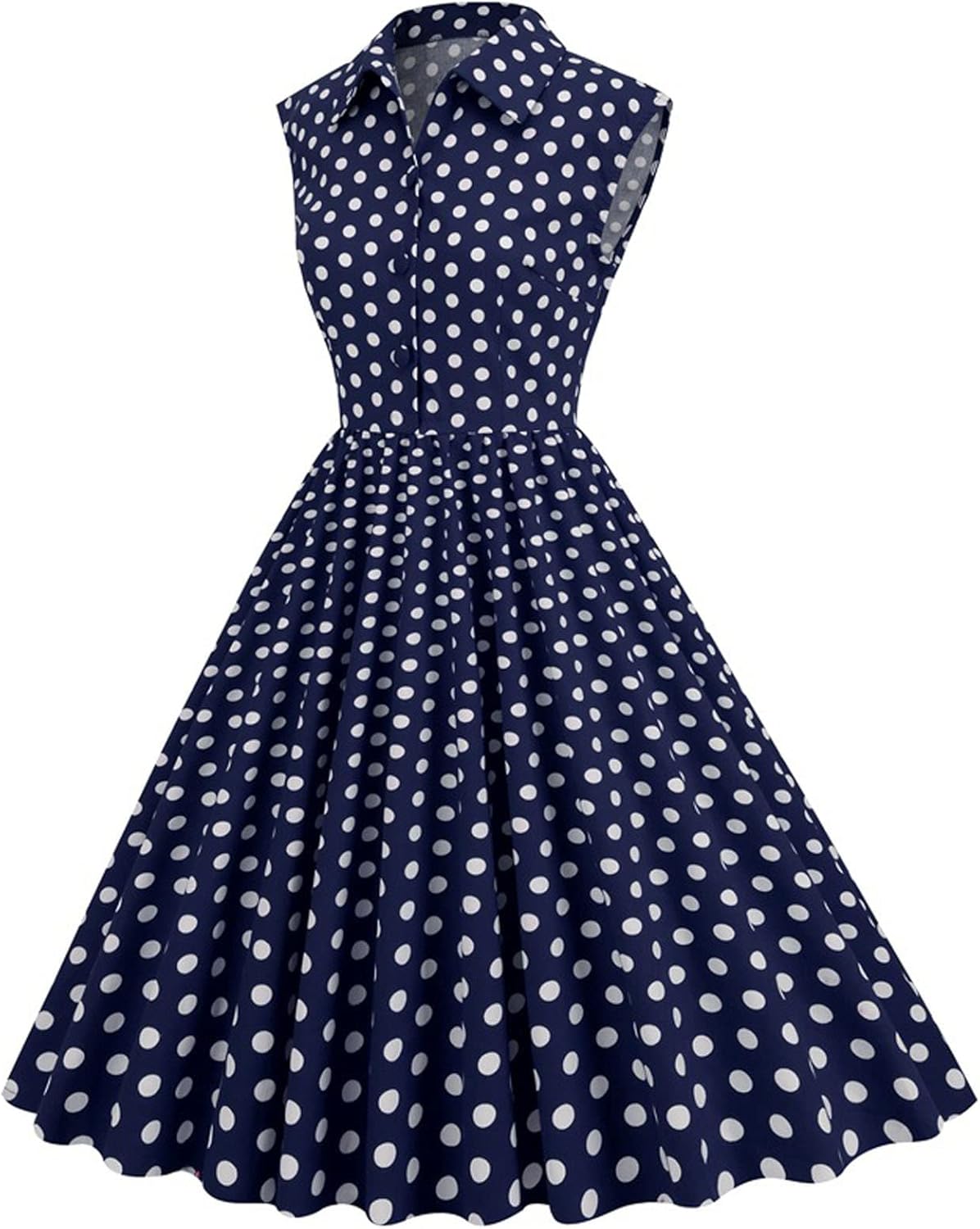 Women 50s 60s Vintage Sleeveless Cocktail Swing Dress 1950s Polka Dot Lapel Buttons Audrey Rockabilly Prom Party Dress