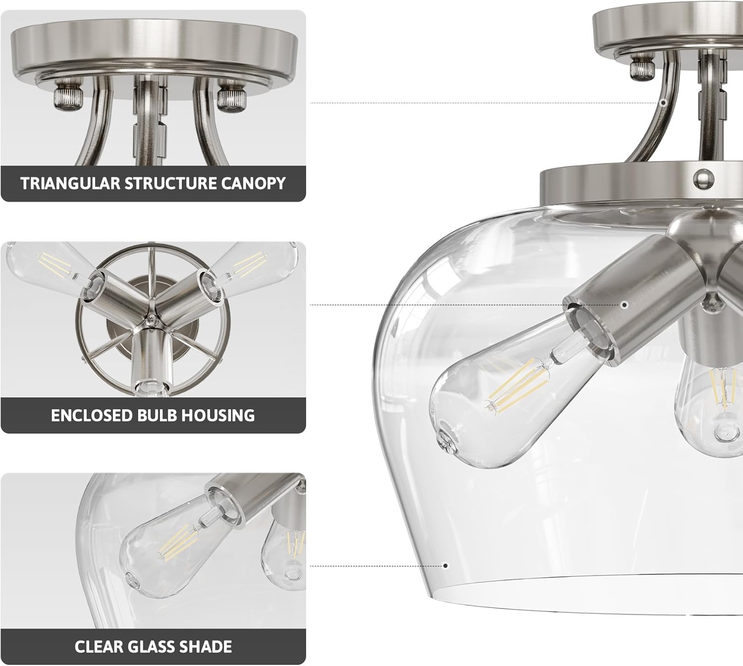 VONLUCE Semi Flush Mount Ceiling Light, 13.8" Ceiling Light Fixture with Clear Glass Shade, E26 Base, 3-Bulb Industrial Lighting Fixture for Hallway Entryway Bedroom, Brushed Nickel, ETL Certificated