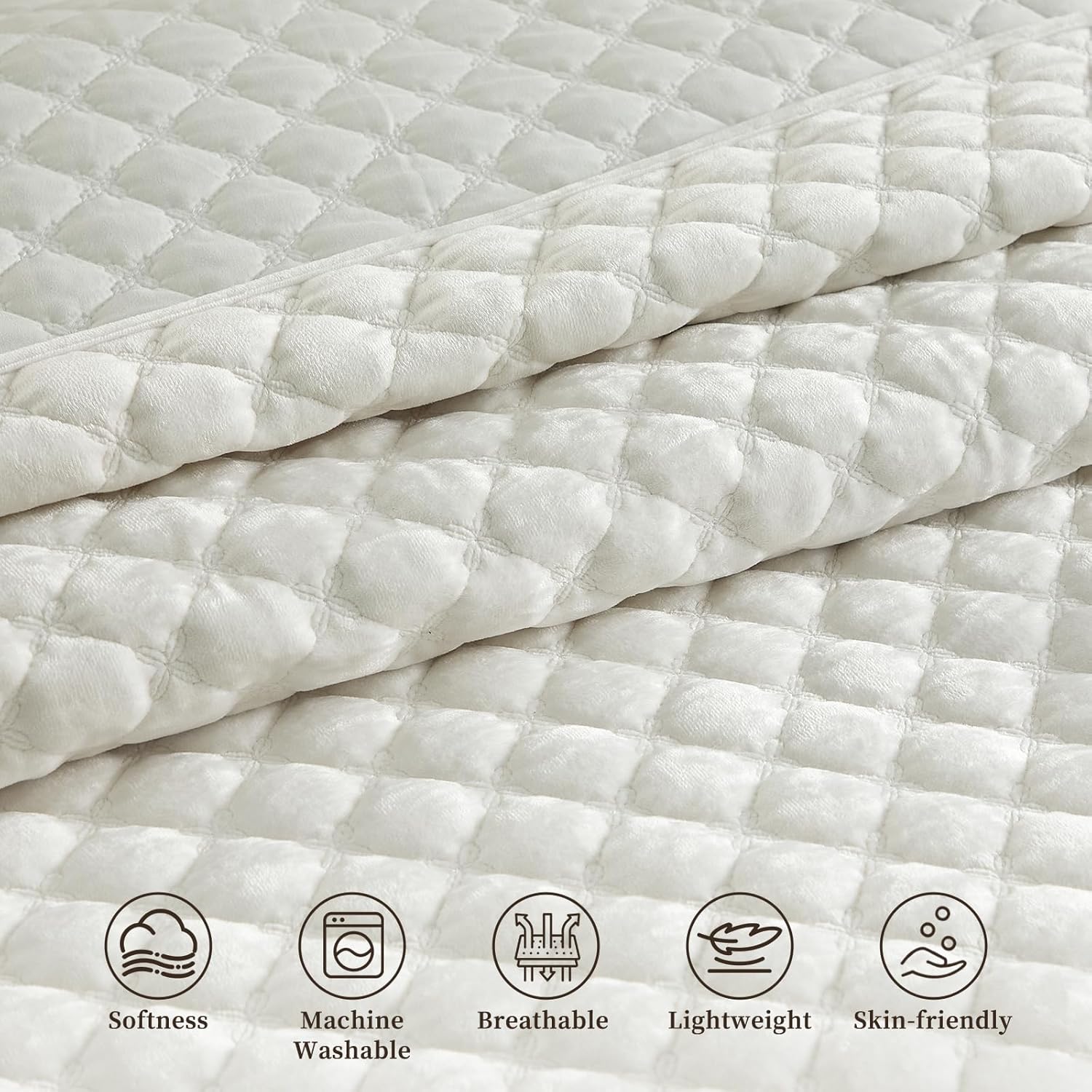 Luxury Soft Velvet Quilt Set Full Queen Size - Lightweight Velvet Bedding Set for All Season, Oversized Bedspread Coverlet Comforter Set with 2 Pillow Shams, Cream White, Diamond - Image 3