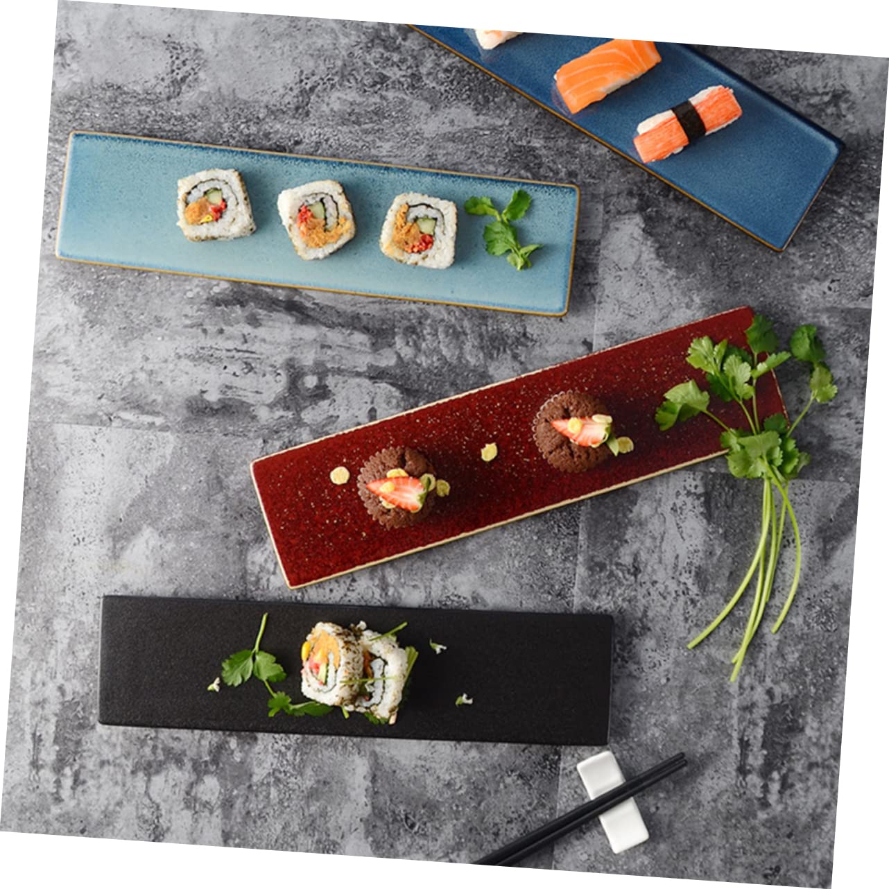 LABRIMP Assiette à Sushis en Céramique Rectangulaire Style Japonerie Noir | Plateau de Sashimi, Service pour Snacks, Usage Restaurants et Fêtes Spéciales