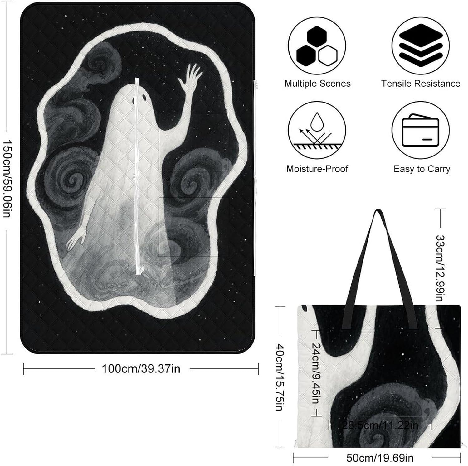 Ghost Picnic Blanket 150x100cm, Foldable 2-in-1 Picnic Mat and Tote Bag Portable Waterproof Beach Mat Sandproof Outdoor Blanket for Park, Hiking, Beach, Camping, Travel