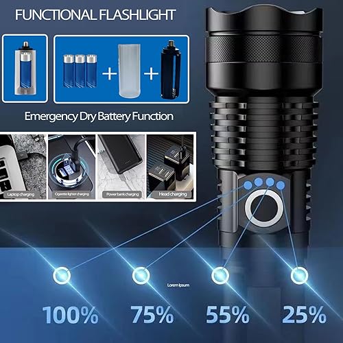 Miniatura 3 de Linterna recargable con zoom, brillo ajustable, 10000 lúmenes altos, 3,937.0 ft de haz largo, luz LED súper brillante con pantalla de alimentación,