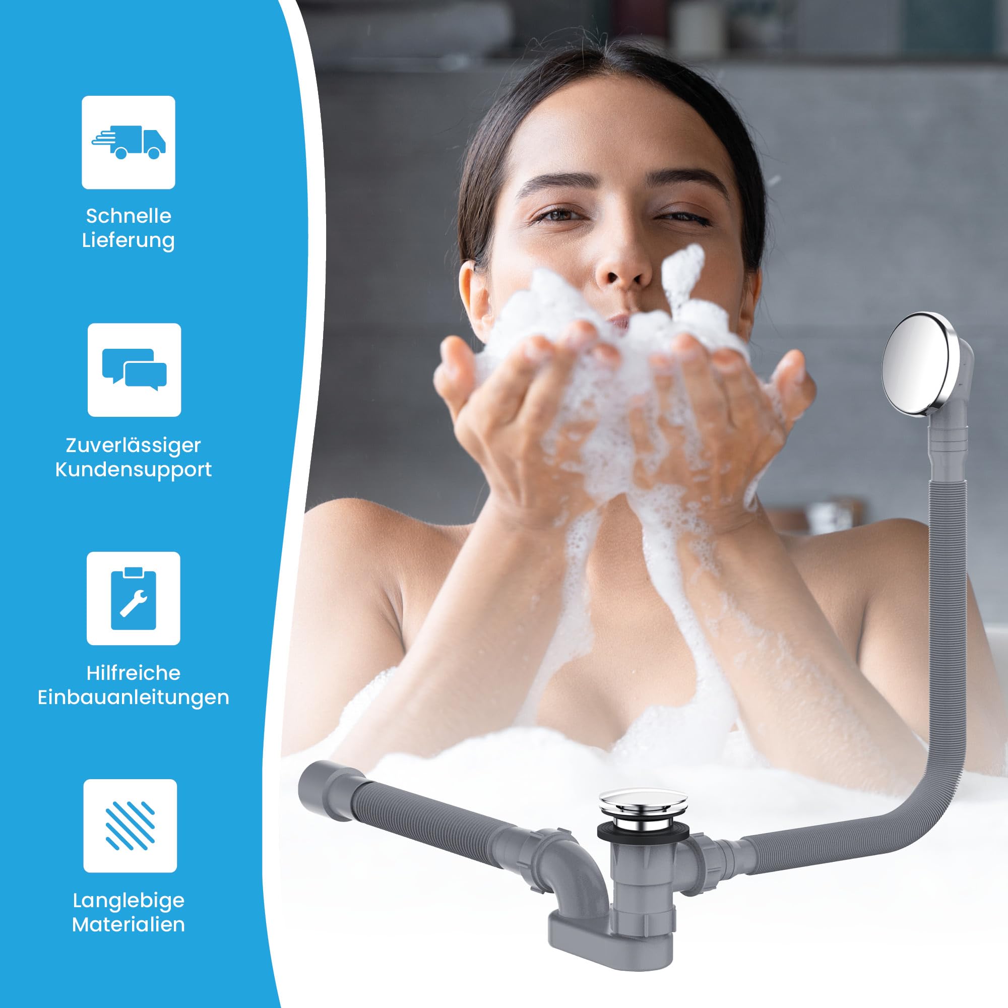 Bächlein Ablaufgarnitur Pop Up für die Badewanne, Pop Up Funktion inkl. Siebeinsatz für einen sauberen Wannenablauf, Komplettset inkl. flexiblem Überlauf, Überlaufblende & Siphon